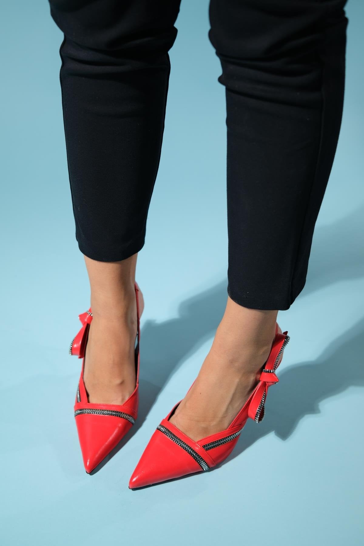 Glen - Red Zipper-Detail High Heel Shoe – back view showing leather, red, SimmiUnique