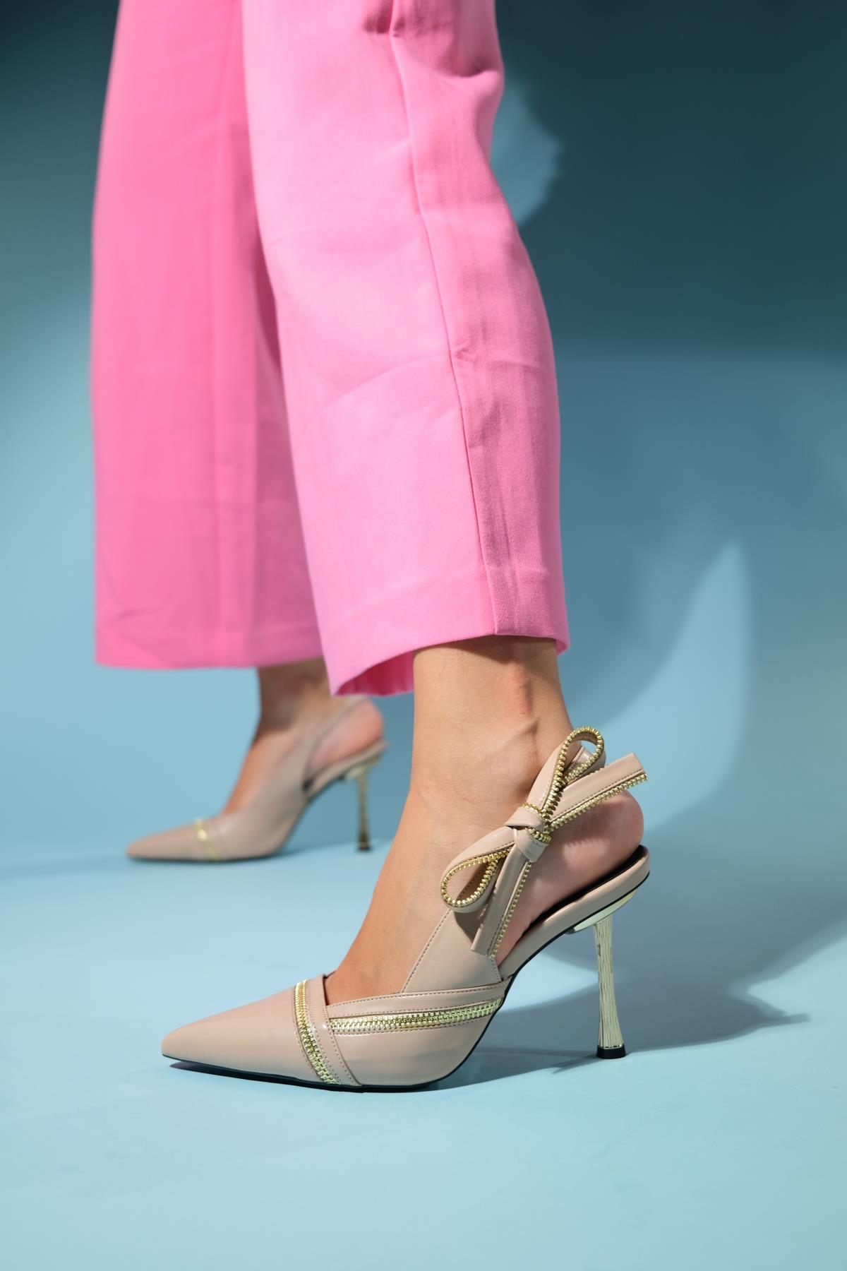 Glen - Beige Zipper-Detail High Heel Shoe – detail view showing leather, SimmiUnique