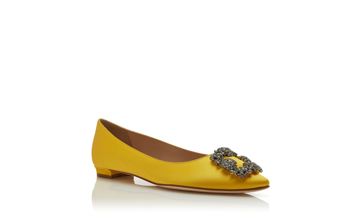 Estelle Dream Yellow Jewel Buckle Pumps – top view showing yellow jewel buckle, crystal buckle, almond toe, satin…