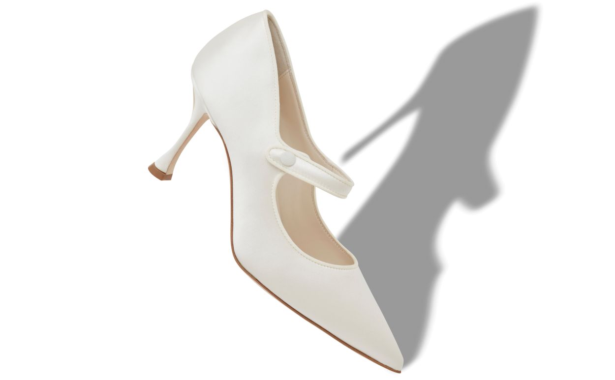 Isadora Dawn White Pointed Toe Mary Jane Shoes – front three-quarter view showing white pointed toe, satin, SimmiUnique