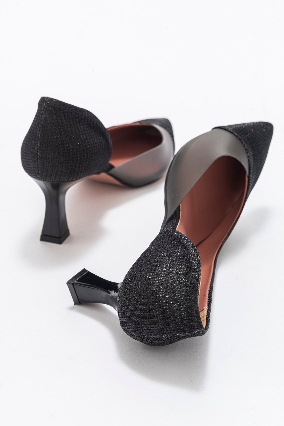 Vera Black Glitter Pointed Toe Pump – side view showing leather, glitter, black, SimmiUnique