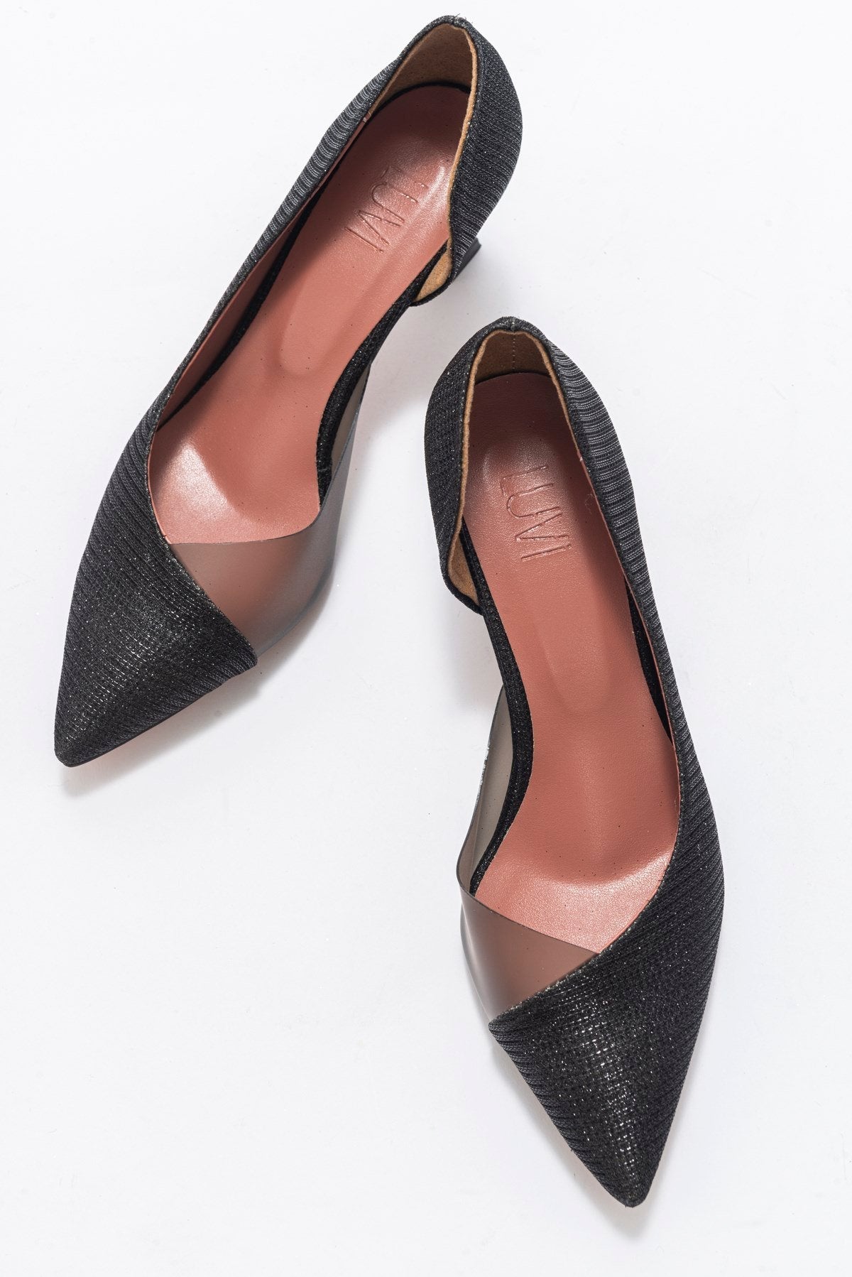 Vera Black Glitter Pointed Toe Pump – heel view showing leather, glitter, black, SimmiUnique