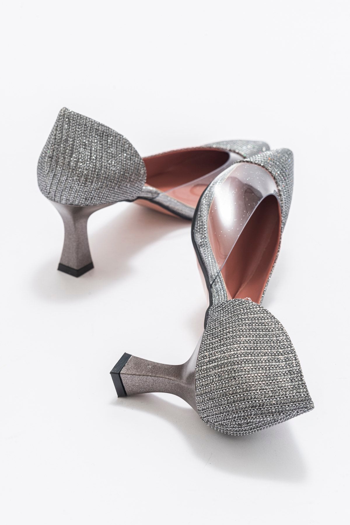 Vera Platinum Glitter Pointed Toe Pump – heel view showing leather, glitter, SimmiUnique
