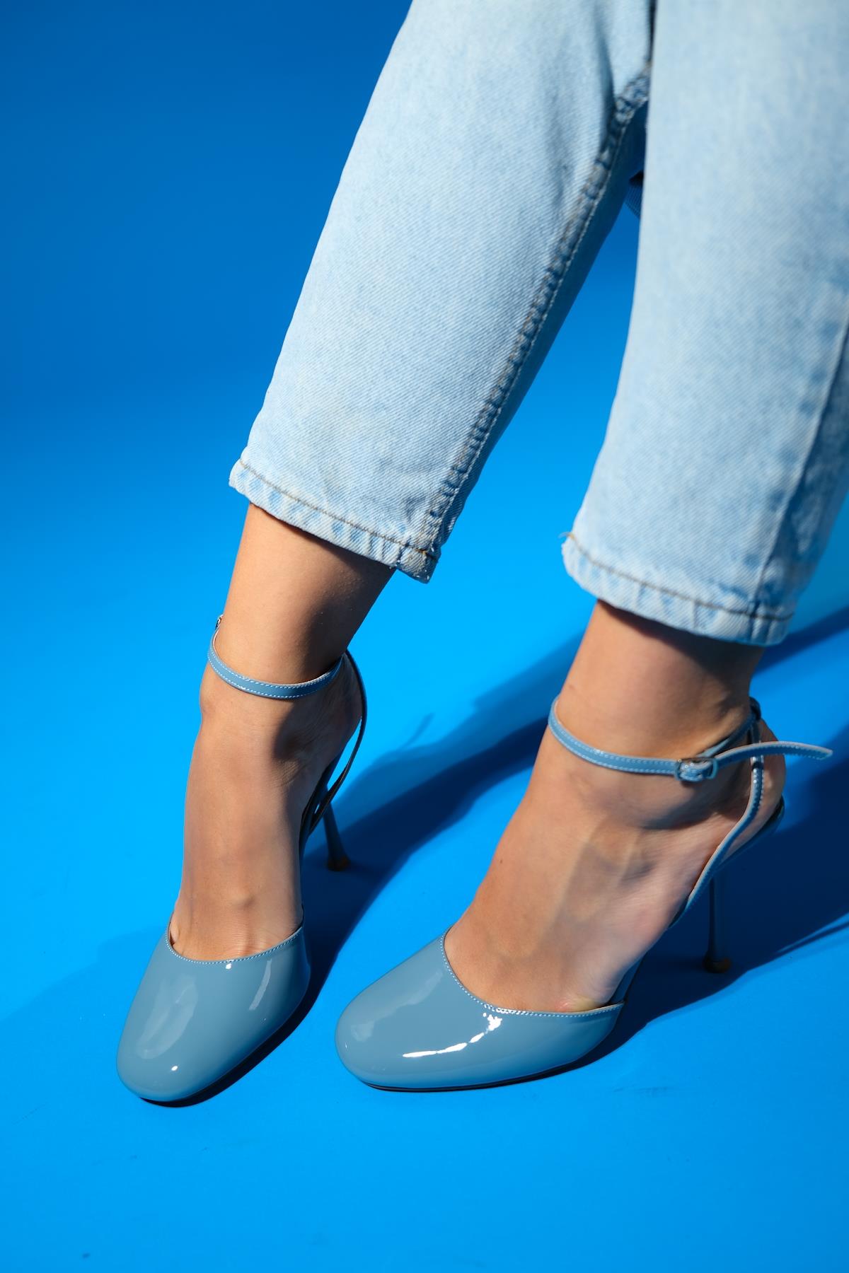 Blues - Blue Round Toe Ankle-Tie High Heel Shoe – side view showing leather, blue, SimmiUnique