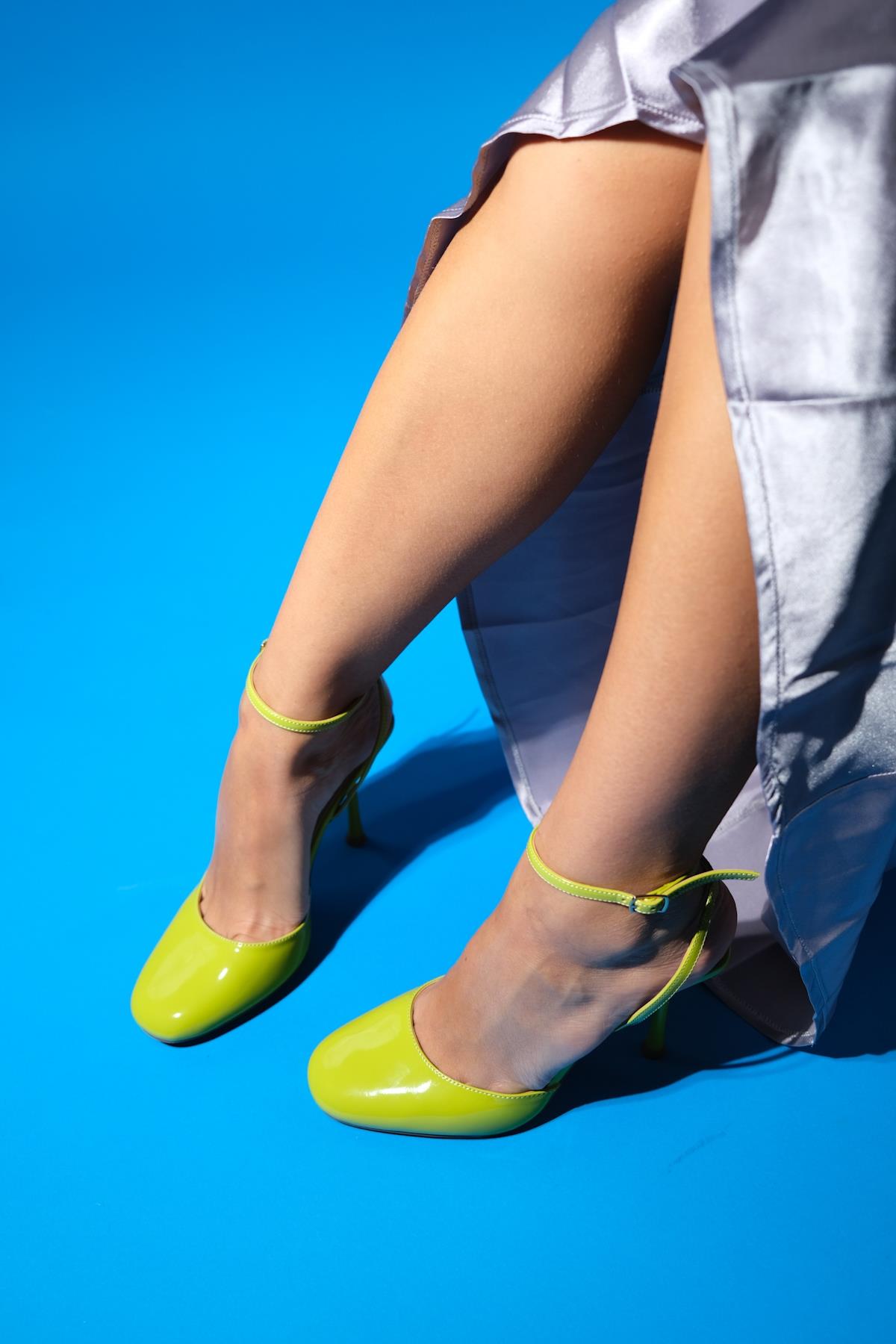 Blues - Green Round Toe Ankle-Tie High Heel Shoe – side view showing leather, blue, green, SimmiUnique