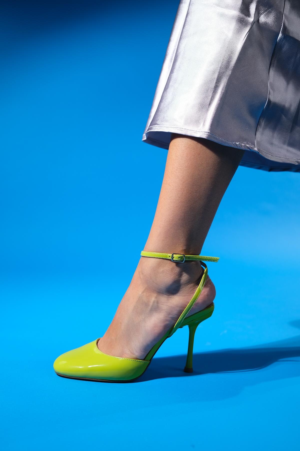 Blues - Green Round Toe Ankle-Tie High Heel Shoe – detail view showing leather, blue, green, SimmiUnique