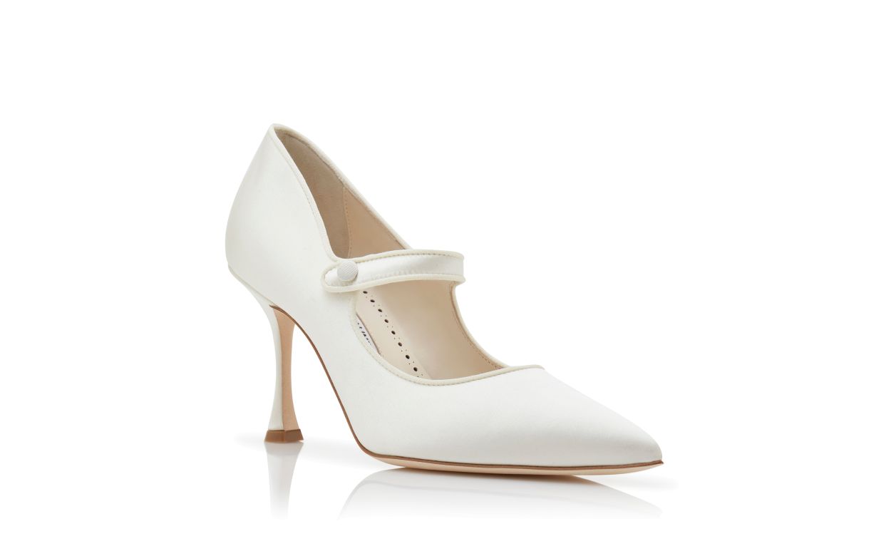 Isadora Dawn White Pointed Toe Mary Jane Shoes – top view showing white pointed toe, satin, SimmiUnique
