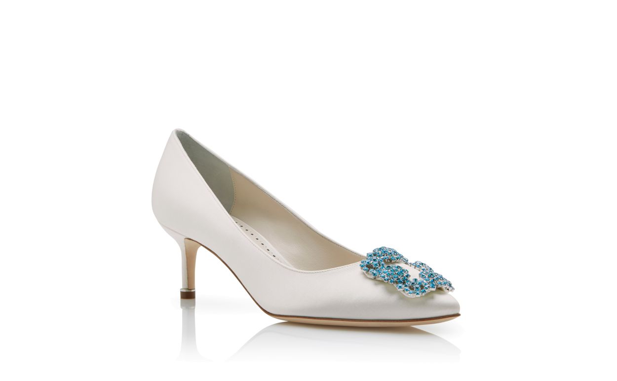 Evangeline Belle White Jewel Buckle Pumps – top view showing white jewel buckle, crystal buckle, almond toe, satin…