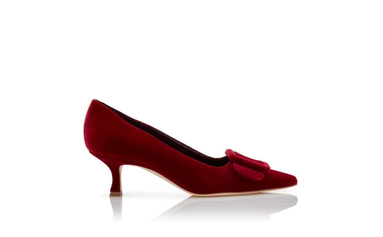 Leonora Flame Red Almond Toe Pumps – side profile showing red almond toe, velvet, SimmiUnique