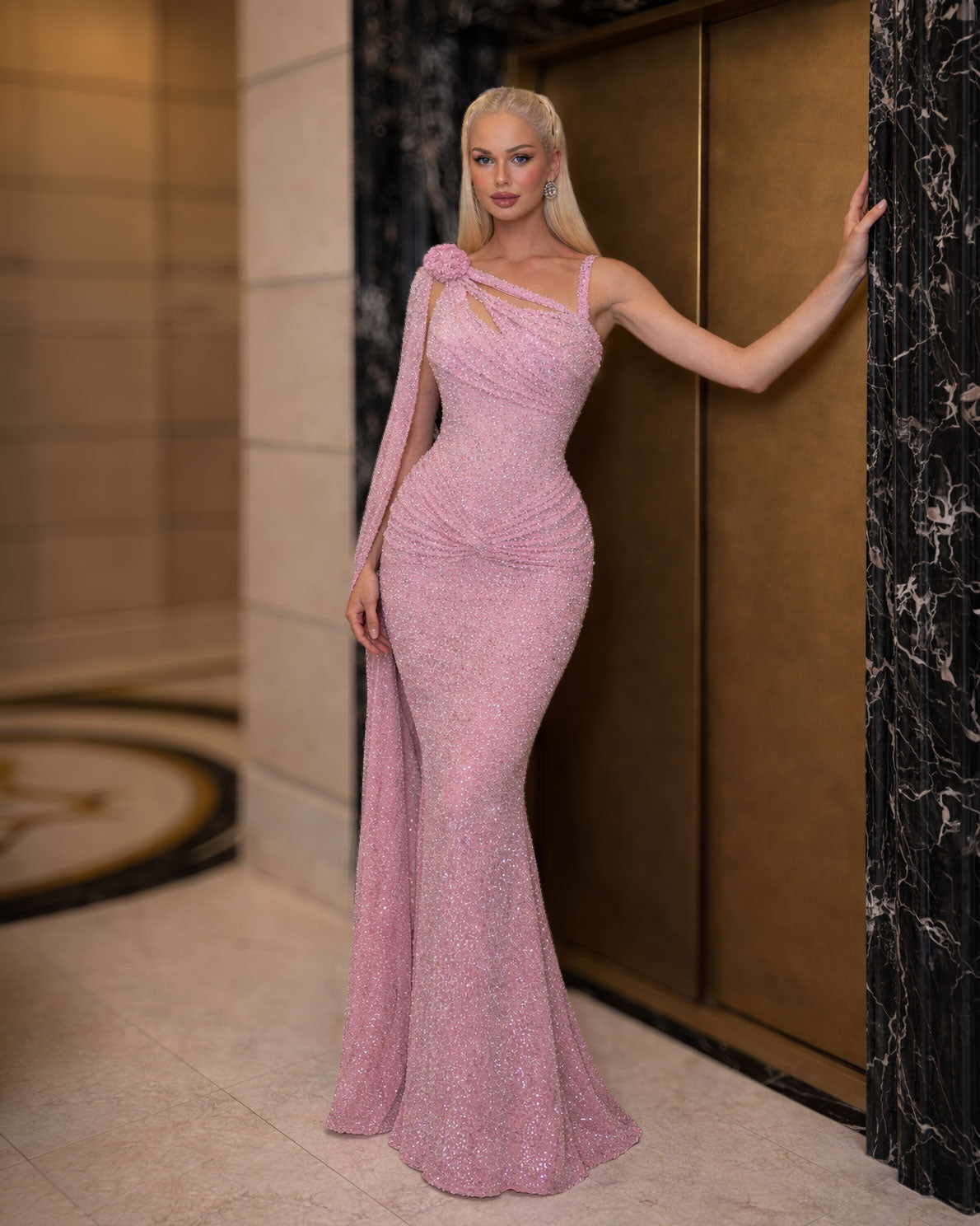 Blush Pink Crystal One-Shoulder Draped Mermaid Gown - SimmiUnique