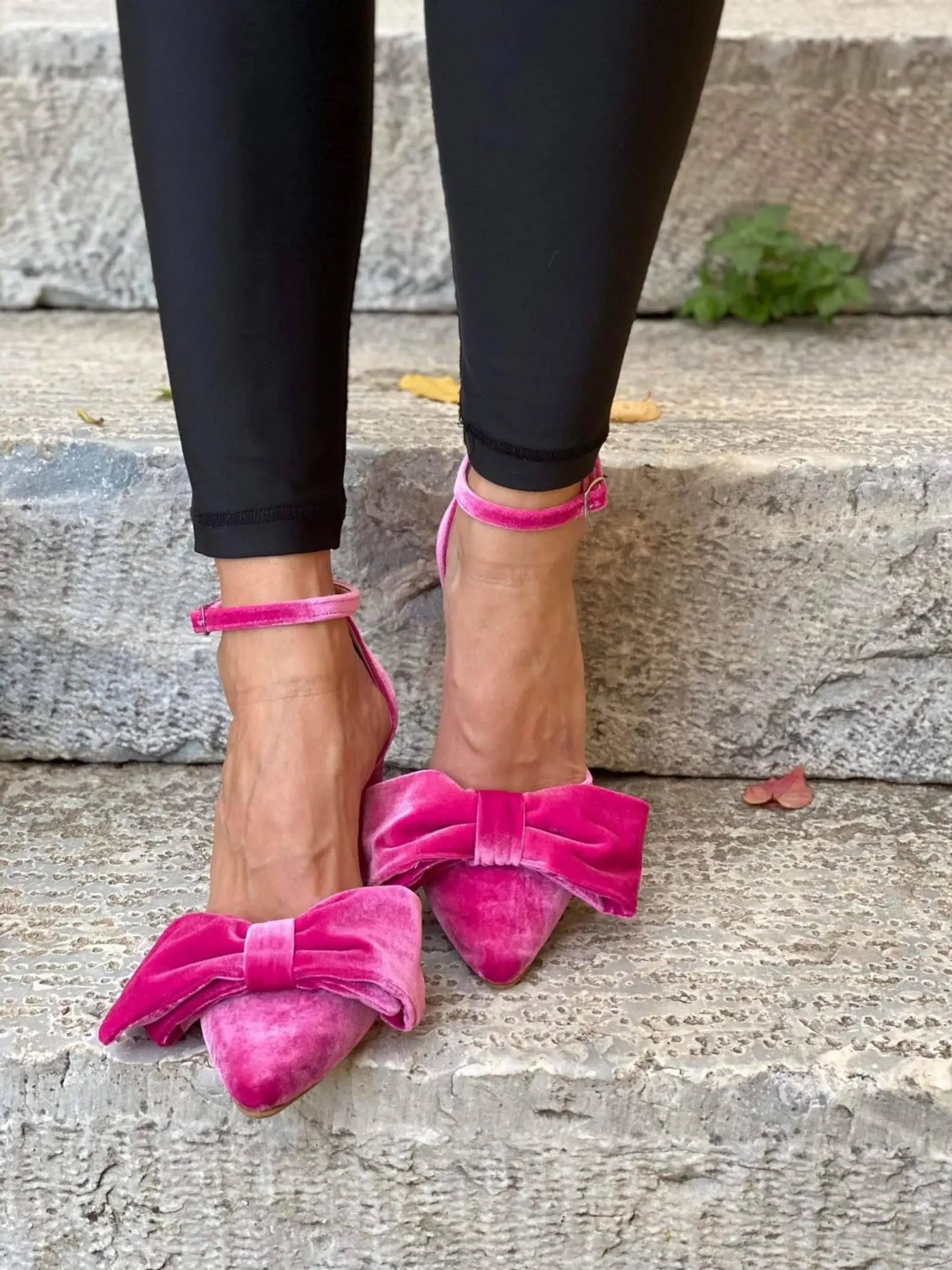 Rose Pink Velvet Block Heels – styled look