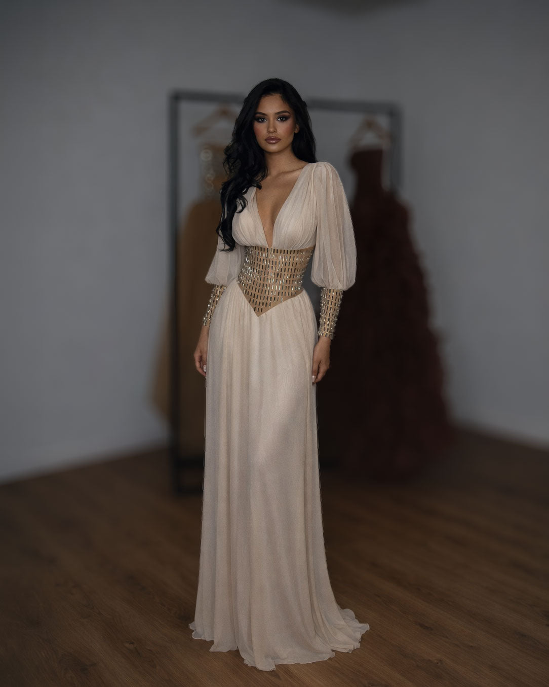 Champagne Chiffon Gown with Gold Corset Waist and Long Sleeves - SimmiUnique