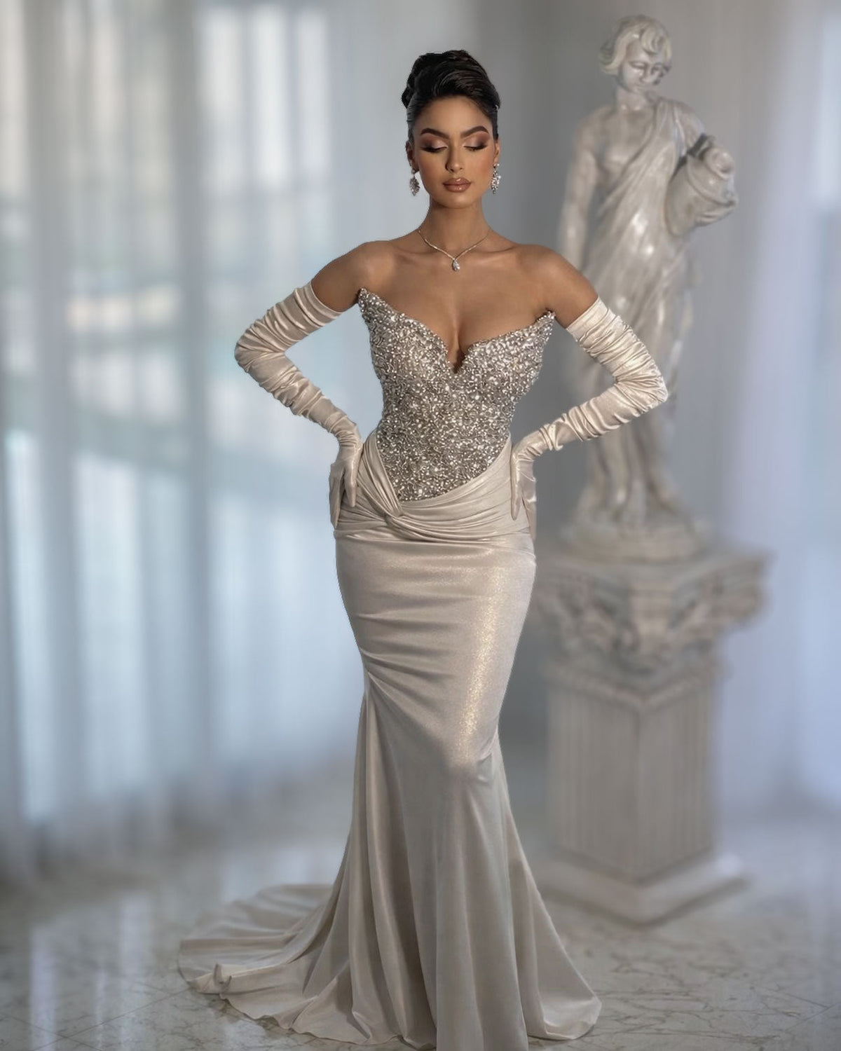 Champagne Crystal Corset Mermaid Evening Gown with Satin Gloves - SimmiUnique