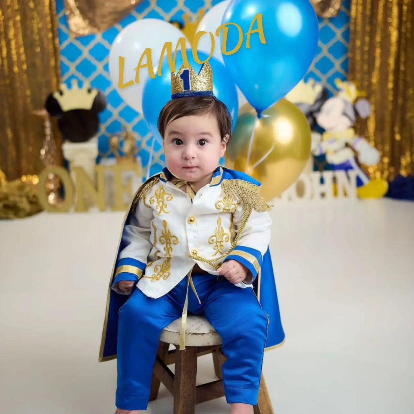 Baby Boy Prince Costume – Royal Blue & Gold Cape, Crown & Belt Set for birthdays