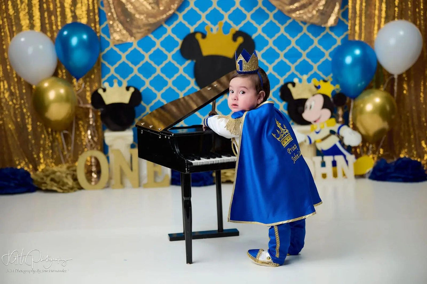 Baby Boy Prince Costume – Royal Blue & Gold Cape, Crown & Belt Set – close-up