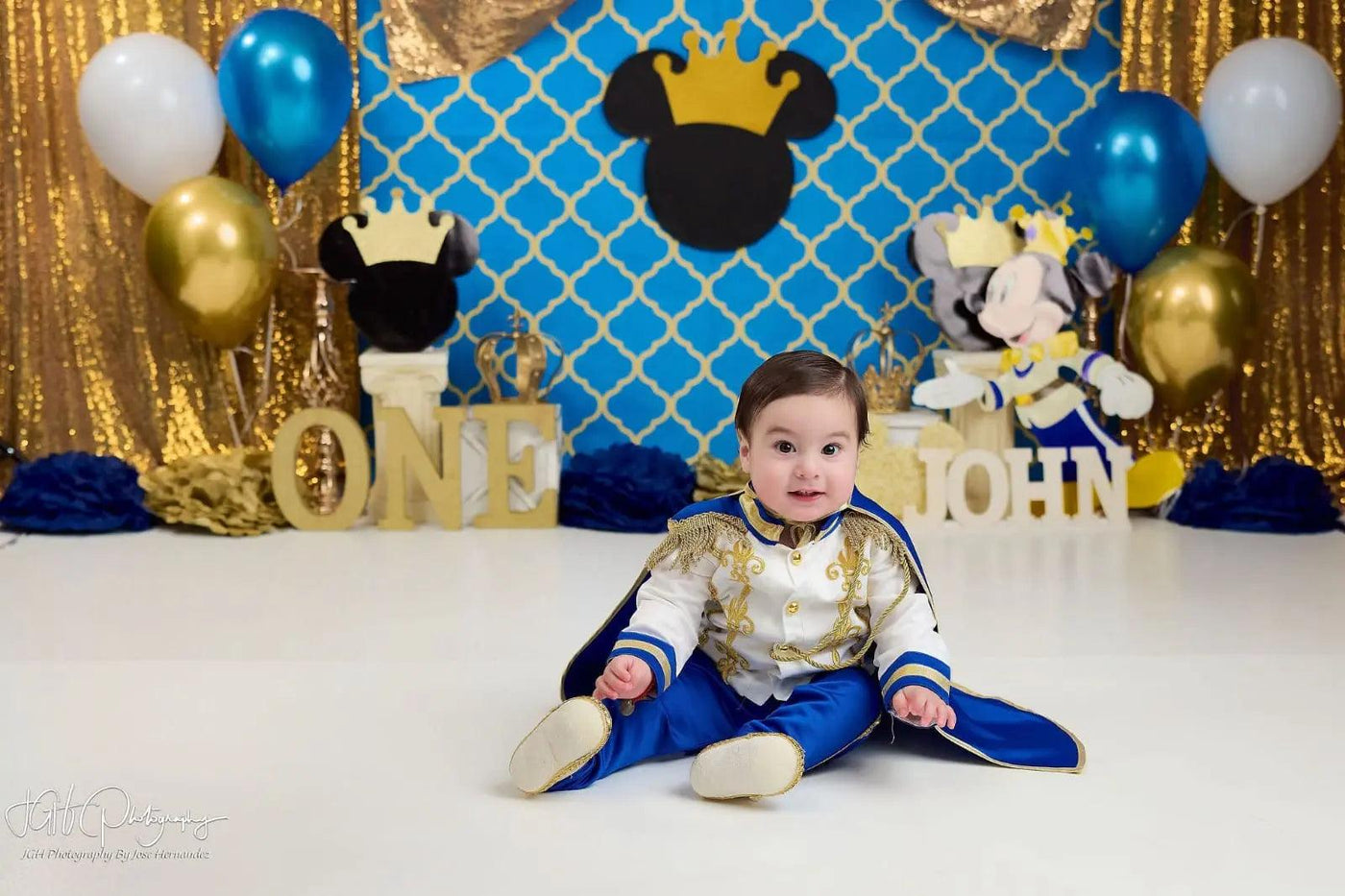 Baby Boy Prince Costume – Royal Blue & Gold Cape, Crown & Belt Set – full outfit view