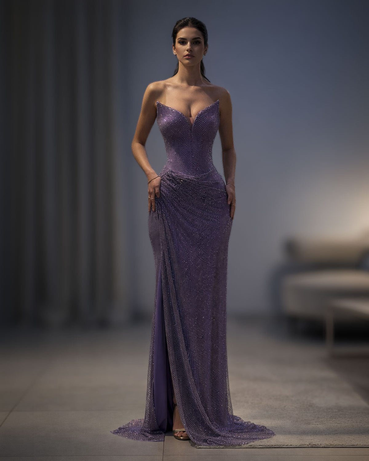 Purple Crystal Corset Evening Gown with Draped Skirt and Slit - SimmiUnique
