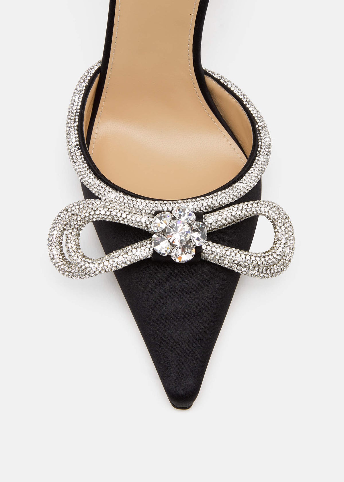 Gaia Black Double Bow Pumps – rear view showing double bow, crystal, satin, black, SimmiUnique