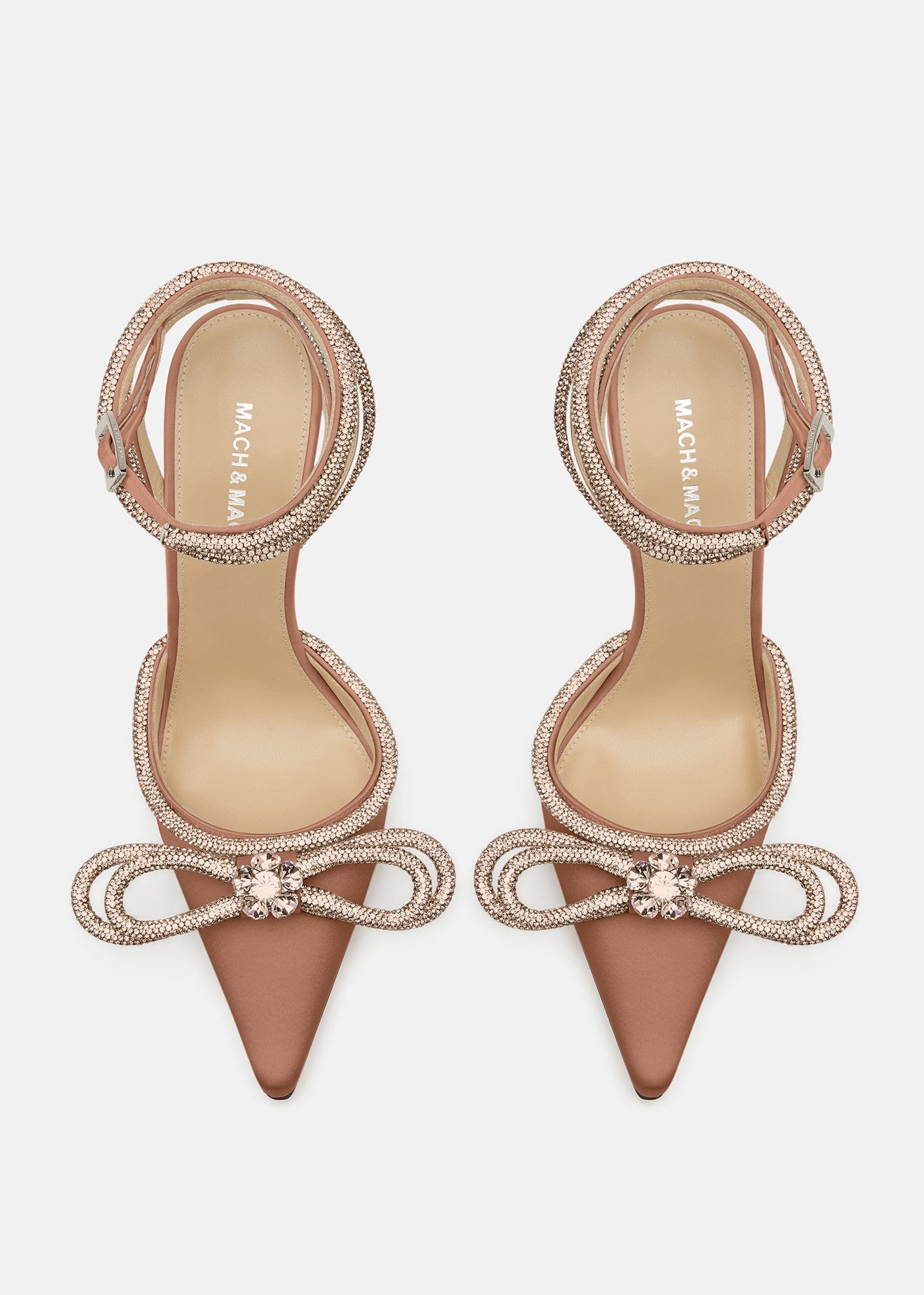 Magnolia Golden Brown Double Bow Shoes – crystal detail view showing double bow, satin, gold, brown, SimmiUnique