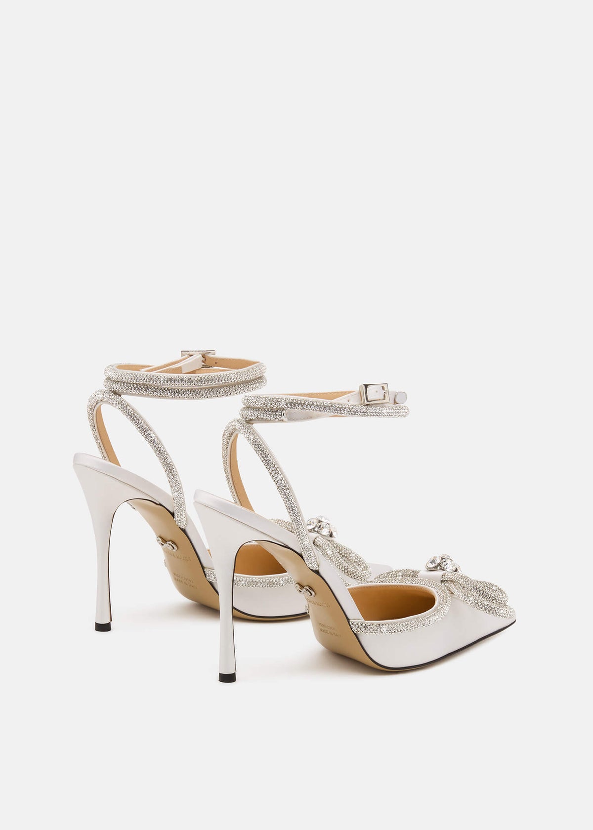 Freya White Double Bow Pumps – heel view showing double bow, crystal, satin, white, SimmiUnique