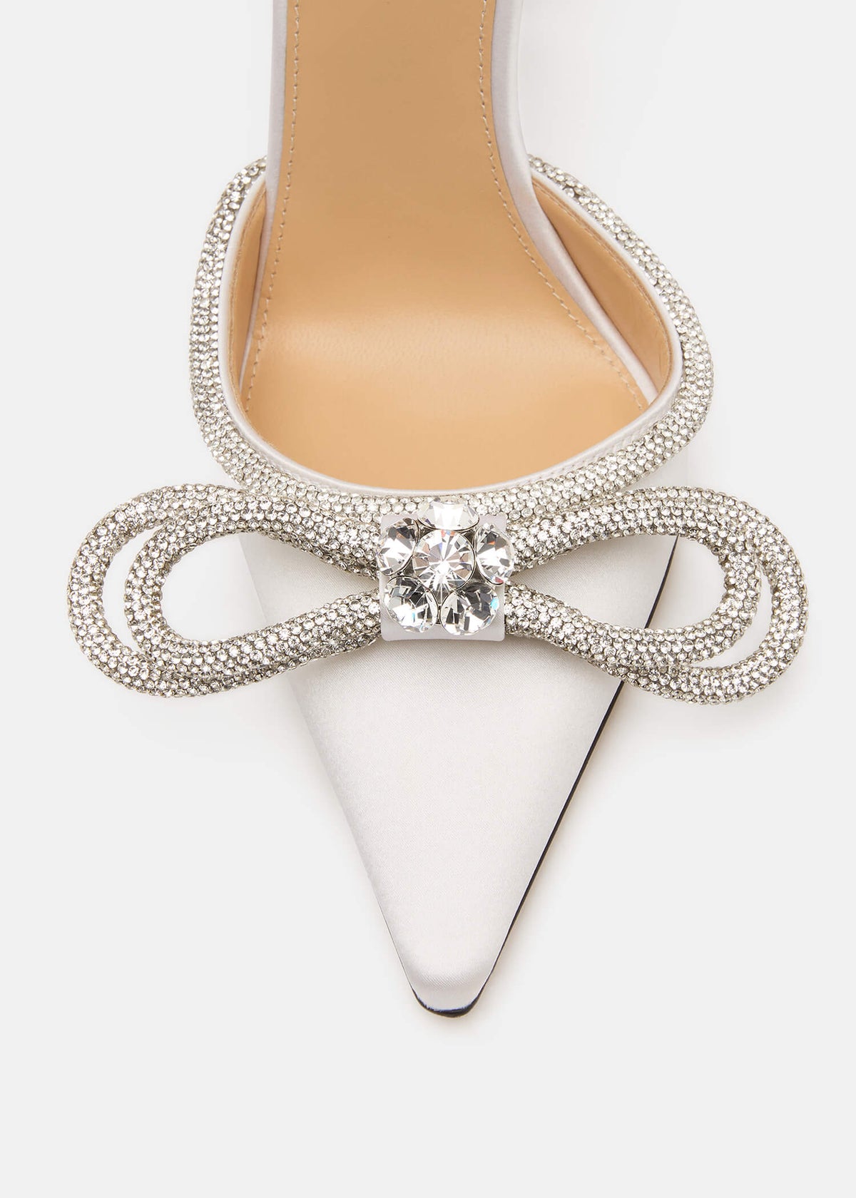 Freya White Double Bow Pumps – rear view showing double bow, crystal, satin, white, SimmiUnique