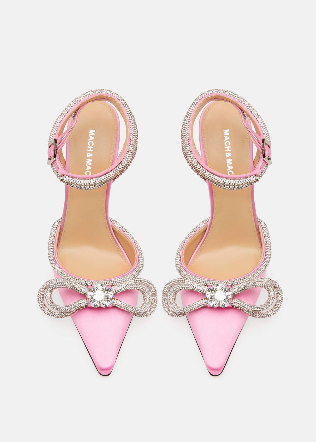 Elisa Pink Double Bow Pumps – crystal detail view showing double bow, crystal, satin, pink, SimmiUnique