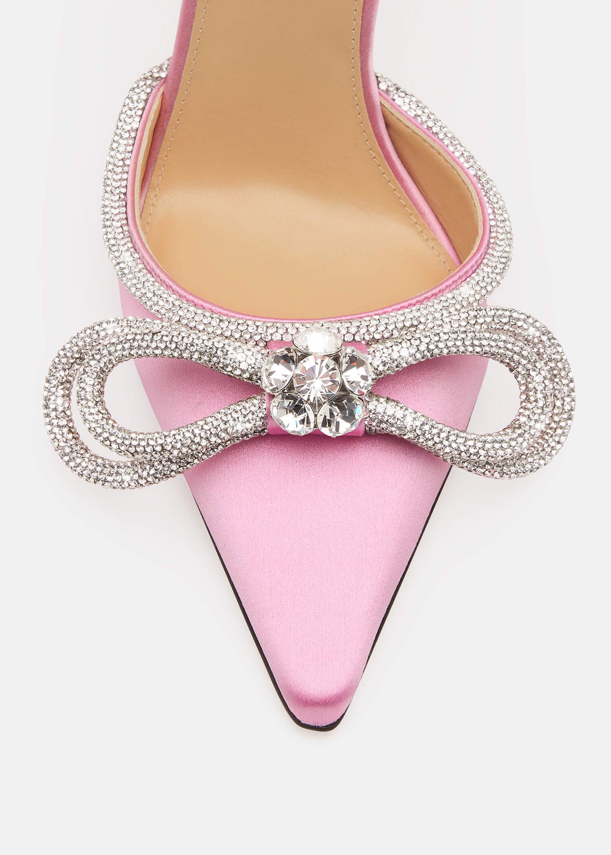 Elisa Pink Double Bow Pumps – rear view showing double bow, crystal, satin, pink, SimmiUnique