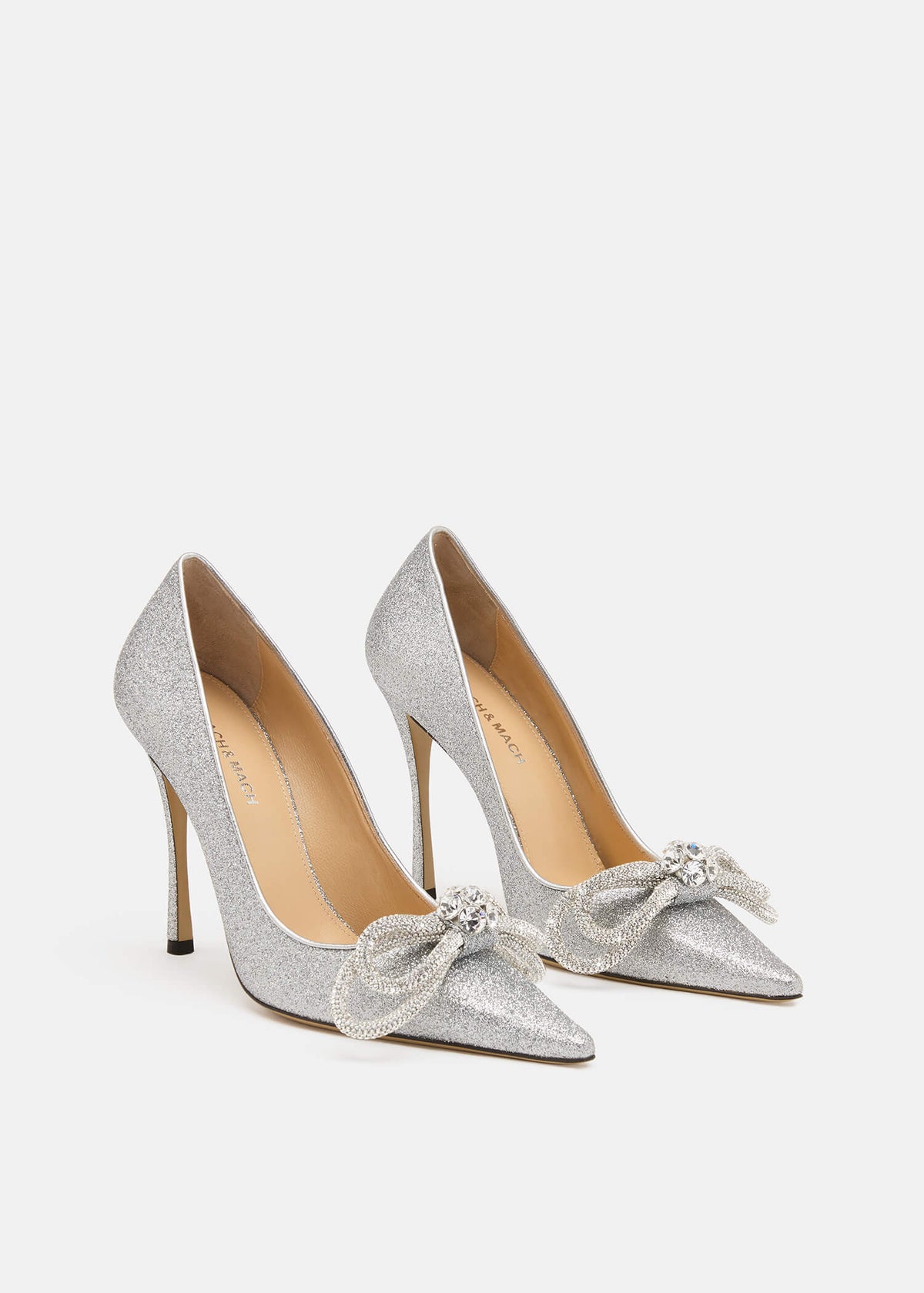 Adeline Silver Double Bow Pumps – side profile showing double bow, crystal, satin, glitter, SimmiUnique