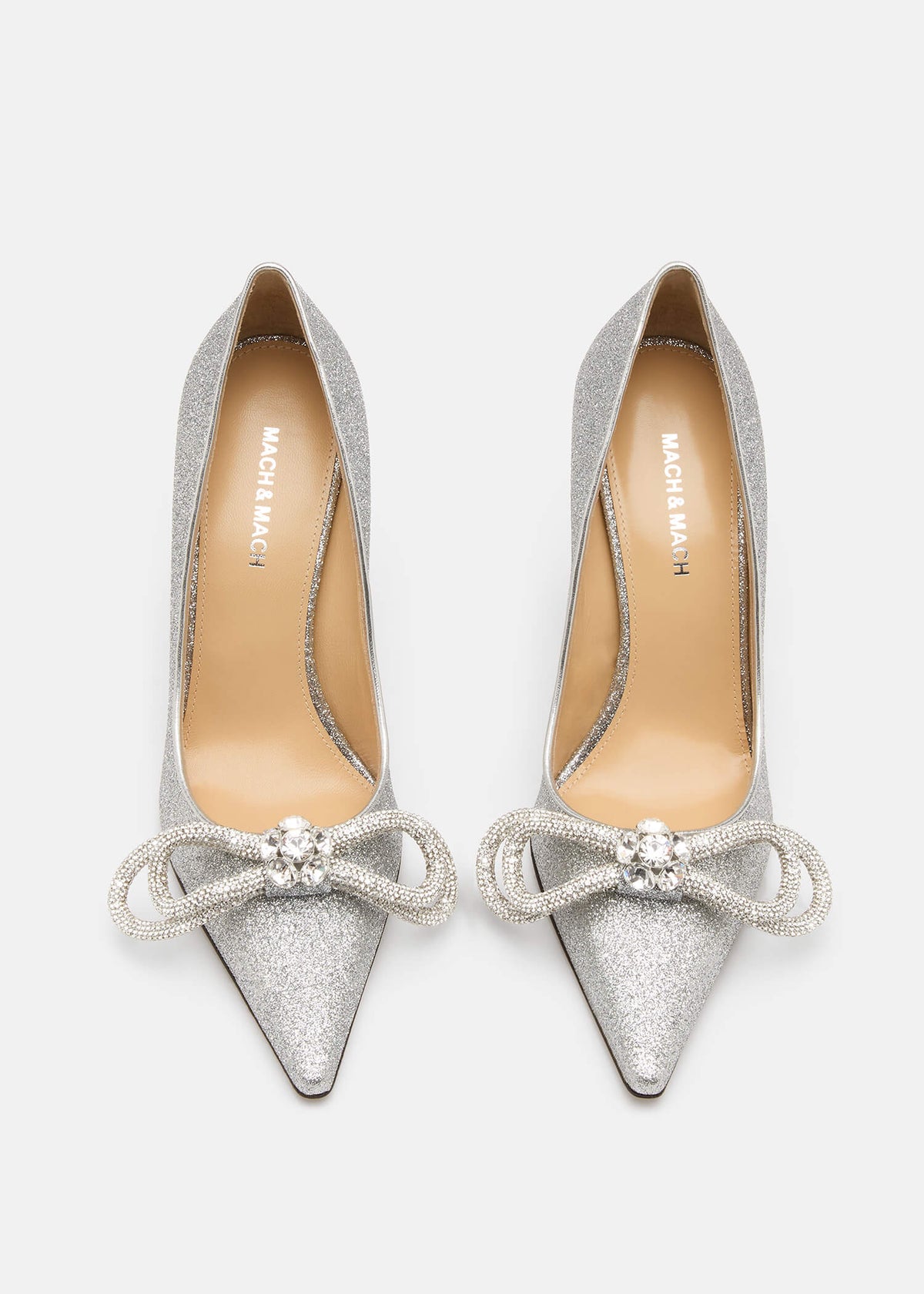 Adeline Silver Double Bow Pumps – crystal detail view showing double bow, crystal, satin, glitter, SimmiUnique