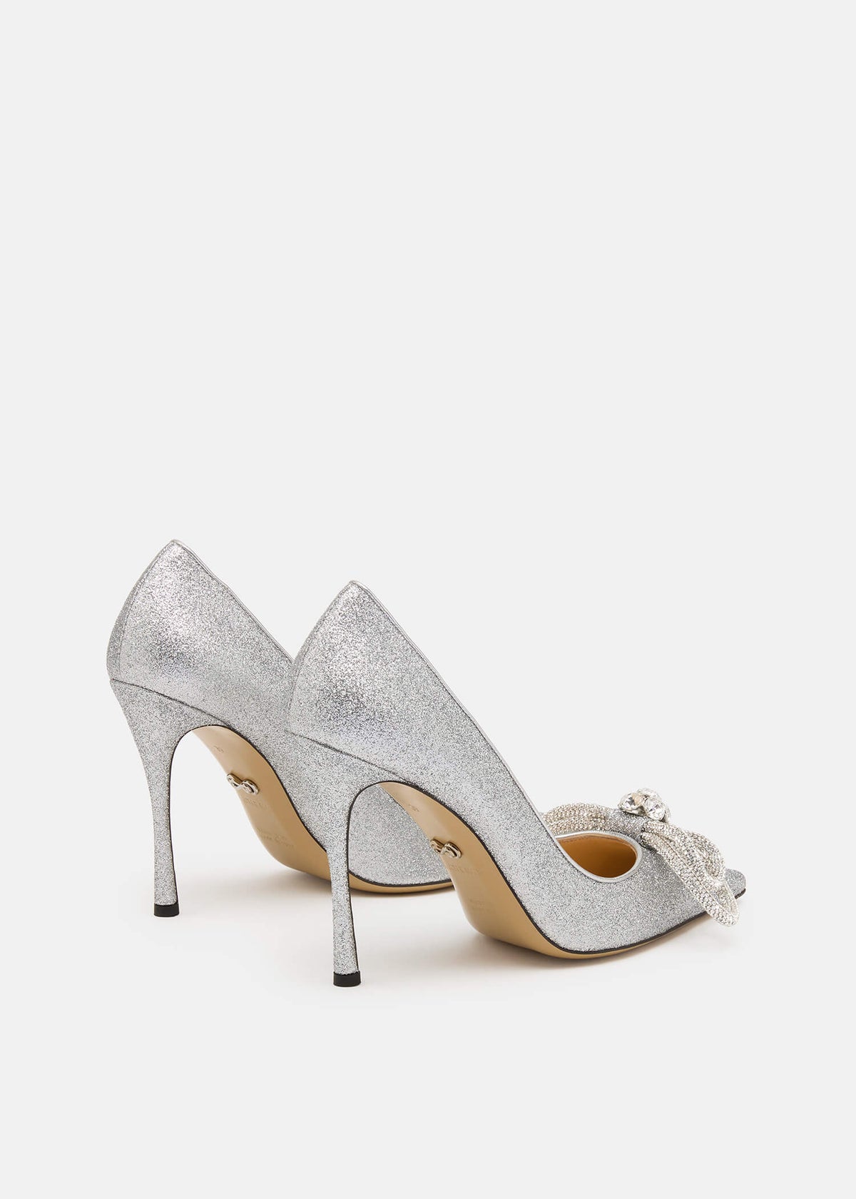 Adeline Silver Double Bow Pumps – heel view showing double bow, crystal, satin, glitter, SimmiUnique