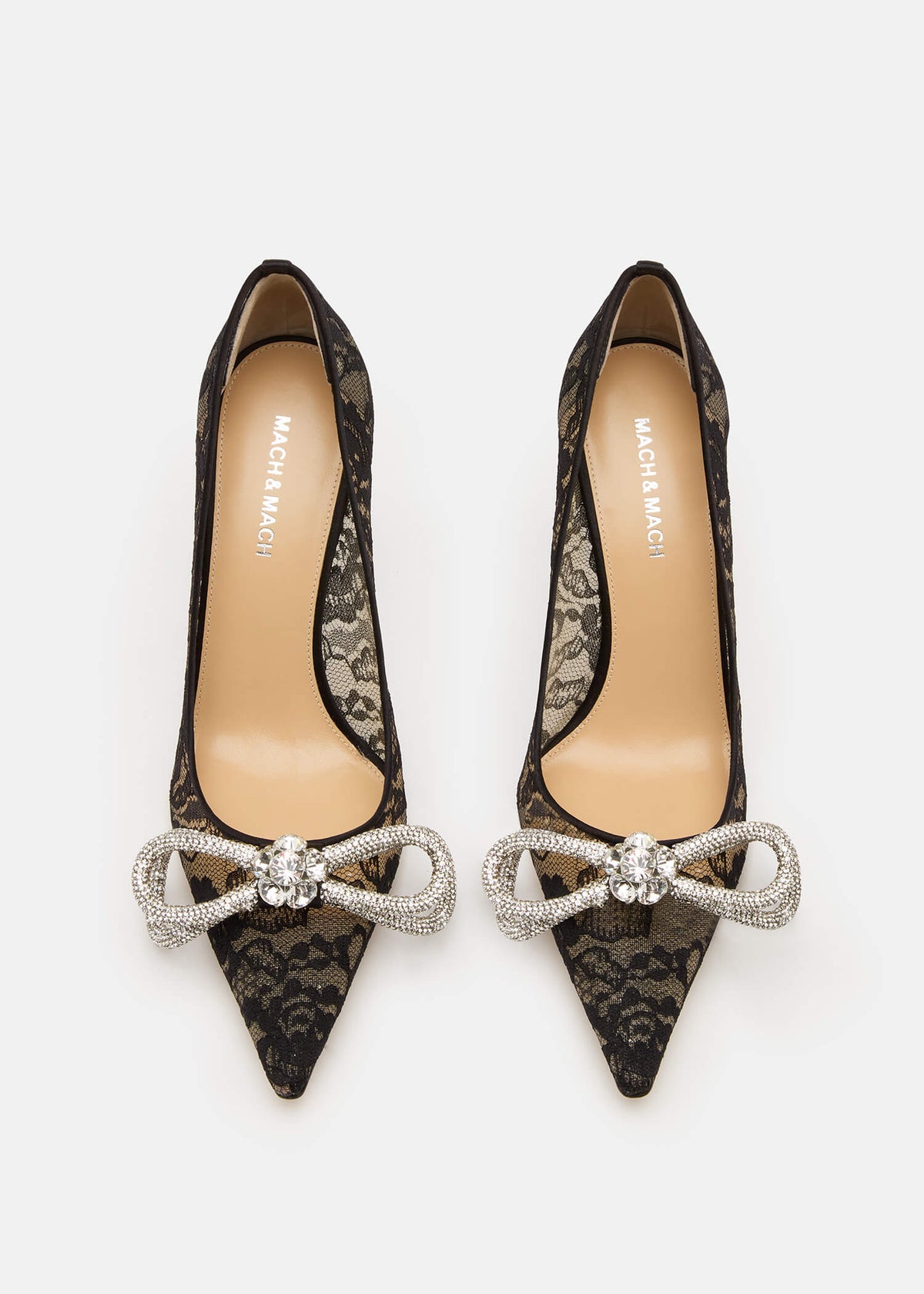 Zahara Black Double Bow Pumps – crystal detail view showing double bow, crystal, lace, black, SimmiUnique