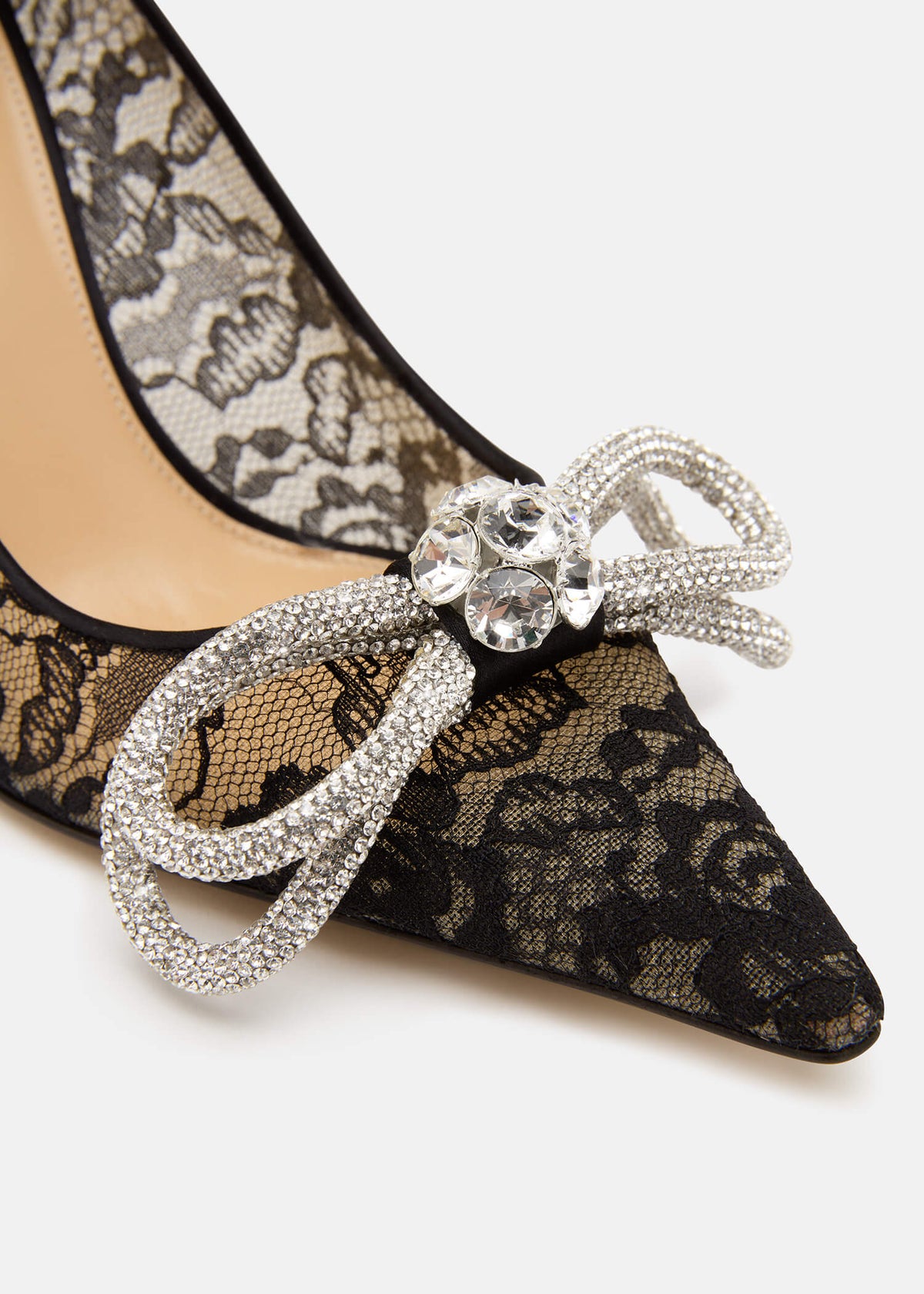 Zahara Black Double Bow Pumps – rear view showing double bow, crystal, lace, black, SimmiUnique
