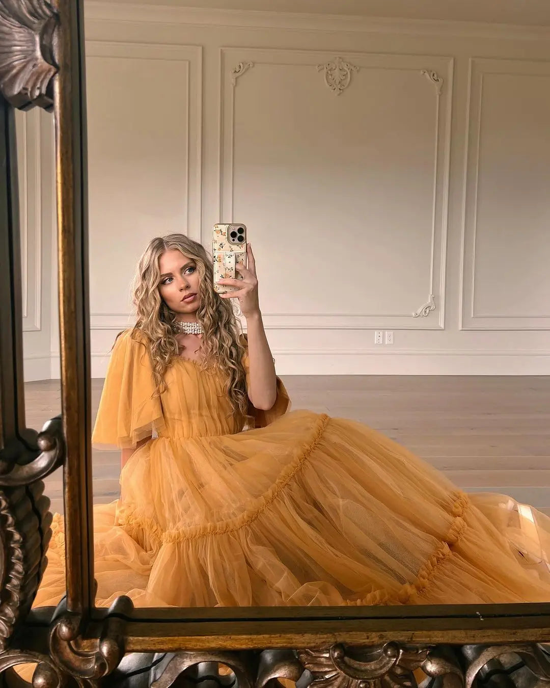 Gold evening occasion dress close-up