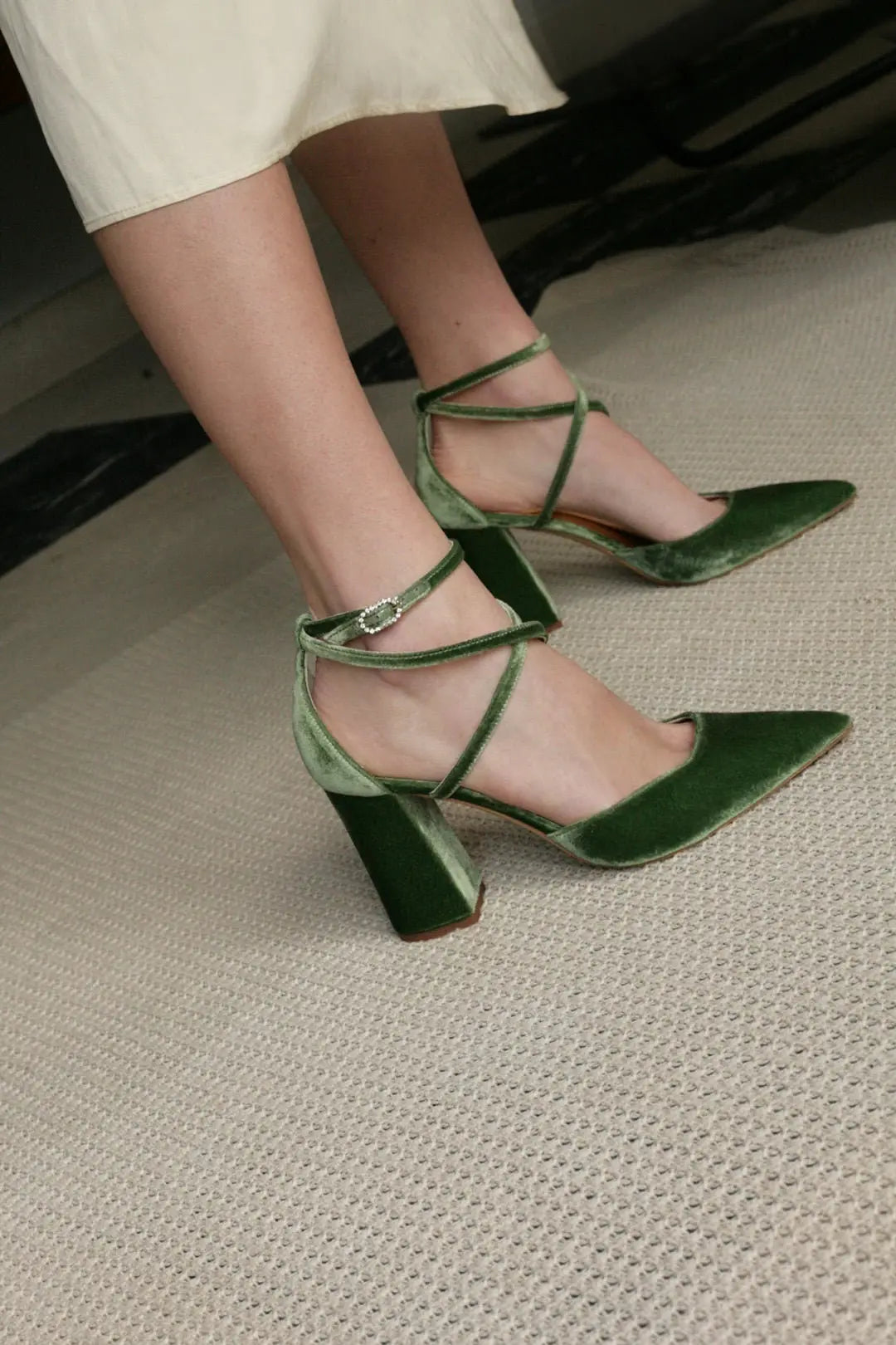 Green Velvet Bridal Heels – close-up