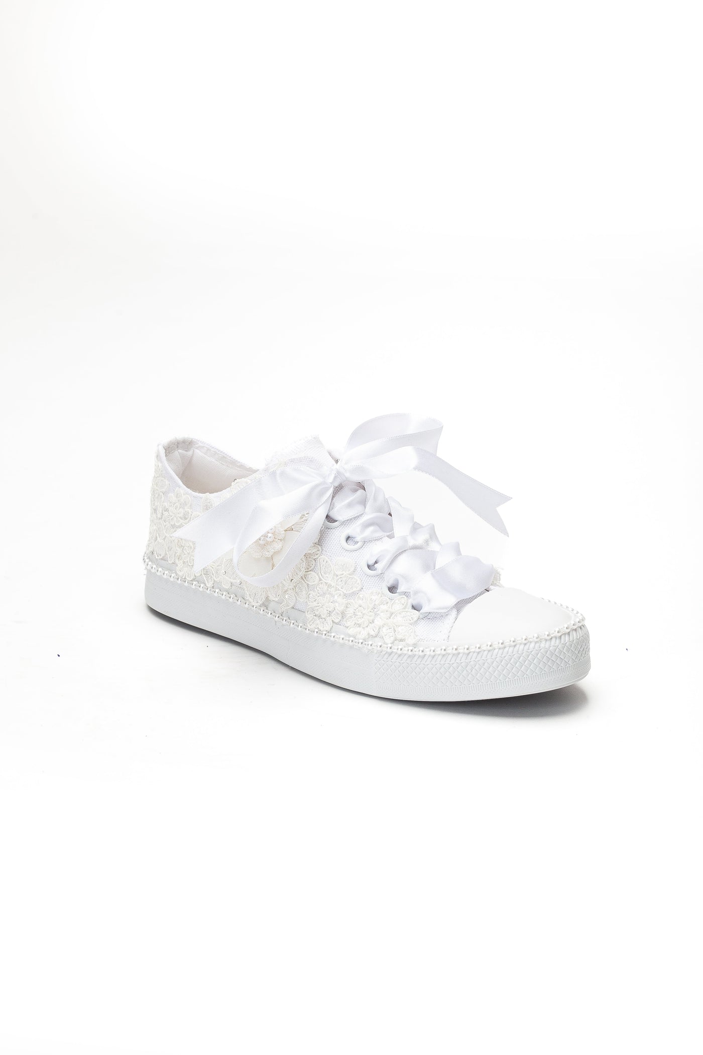 Marvelle Pearl Lace Bridal Sneaker – front three-quarter view showing pearl, lace, satin, SimmiUnique