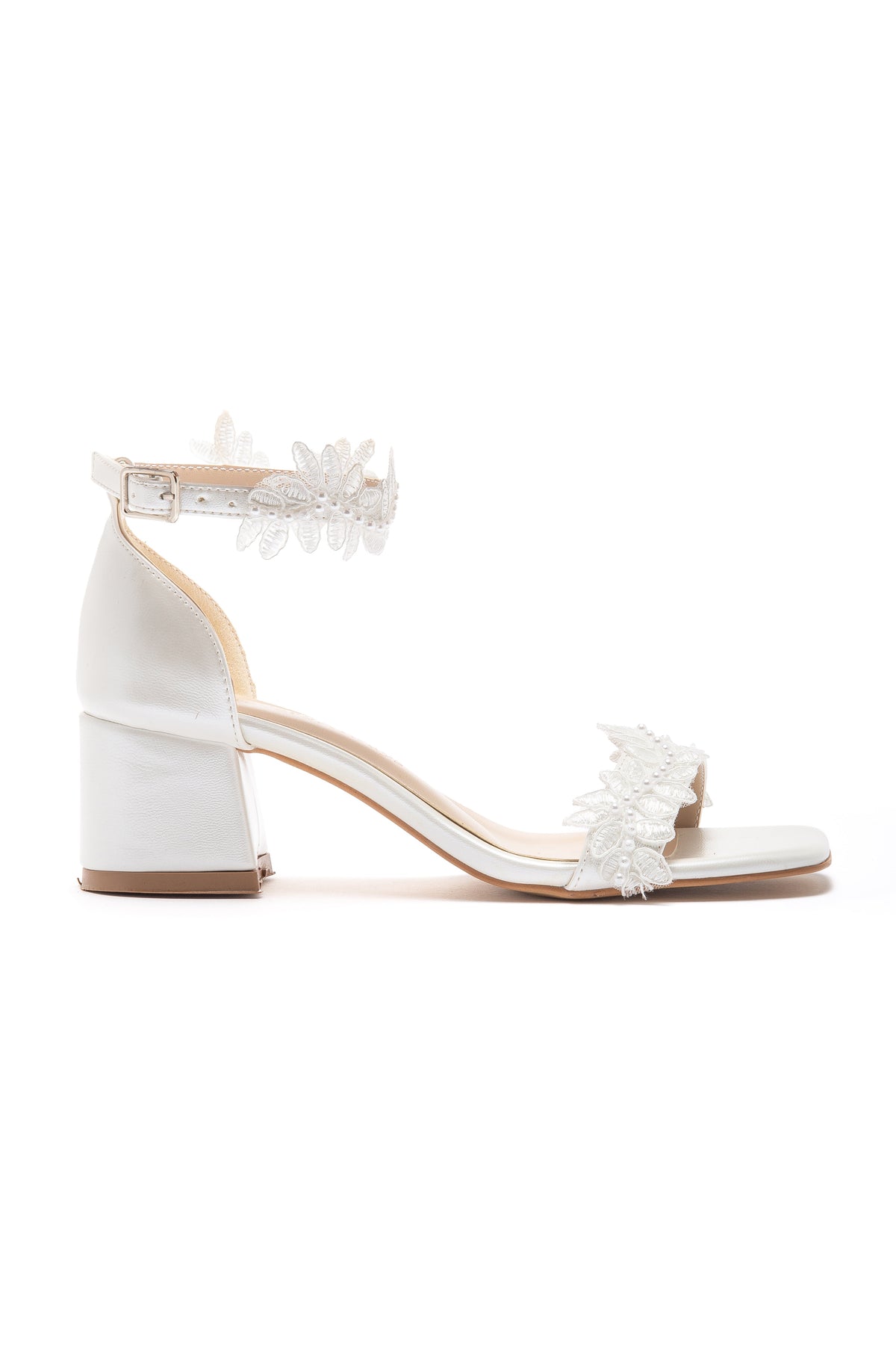 Elodie Bridal Block Heel Sandals – side view showing pearl, lace, red, SimmiUnique