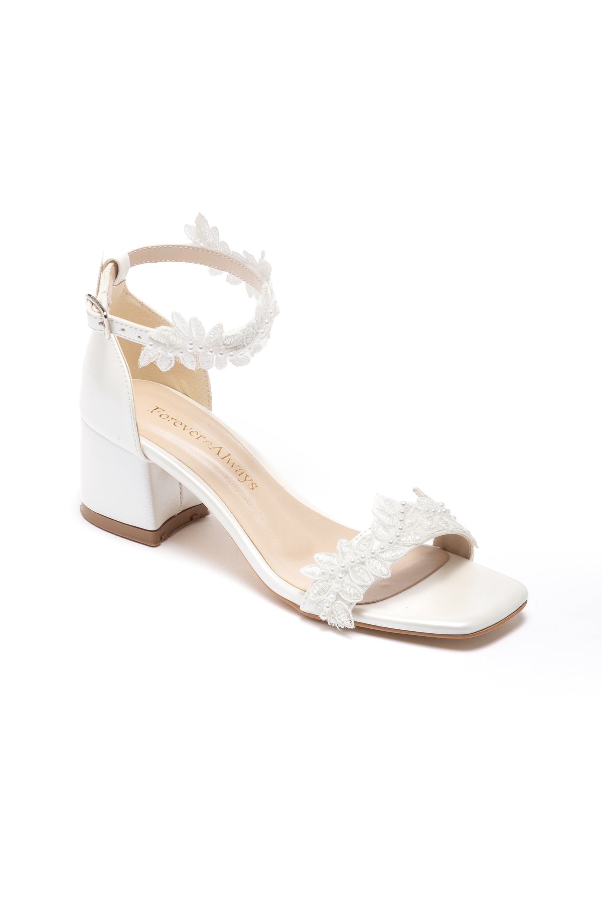 Elodie Bridal Block Heel Sandals – front three-quarter view showing pearl, lace, red, SimmiUnique
