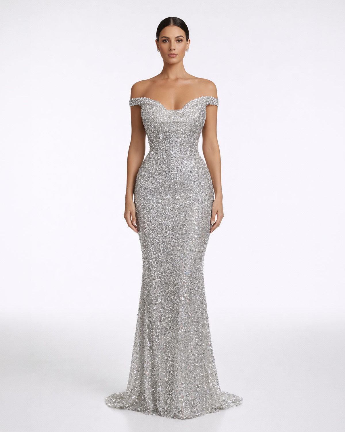 Silver Crystal Off-Shoulder Mermaid Gown - SimmiUnique