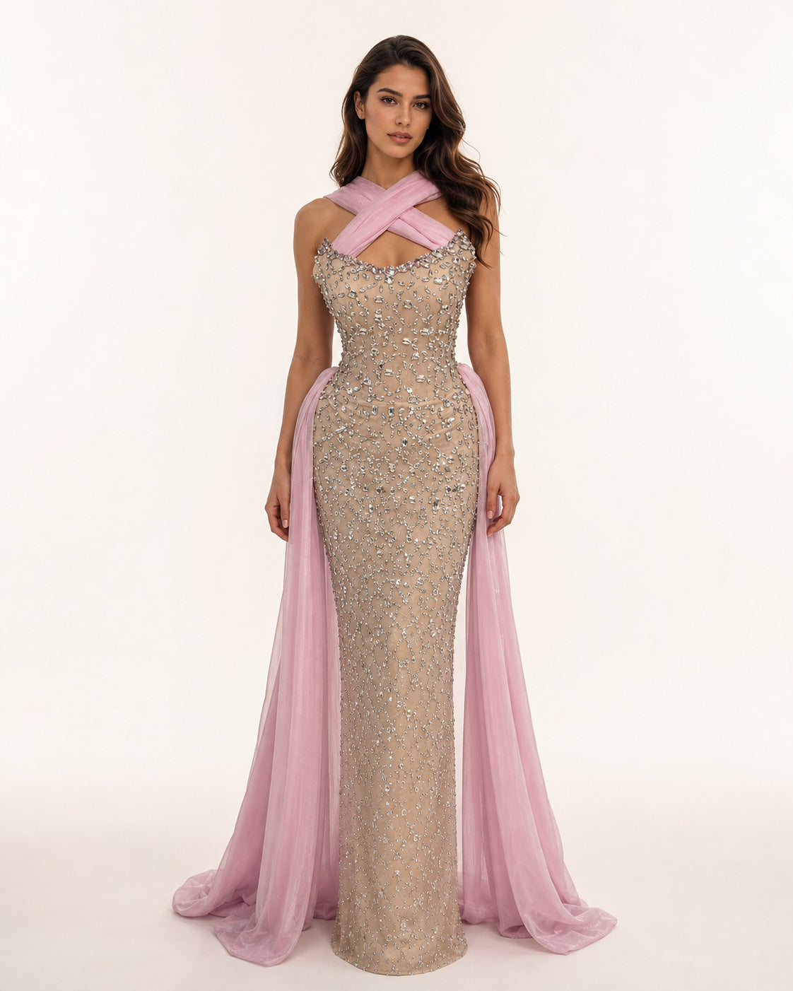 Nude Crystal Gown with Pink Draped Halter Detail - SimmiUnique