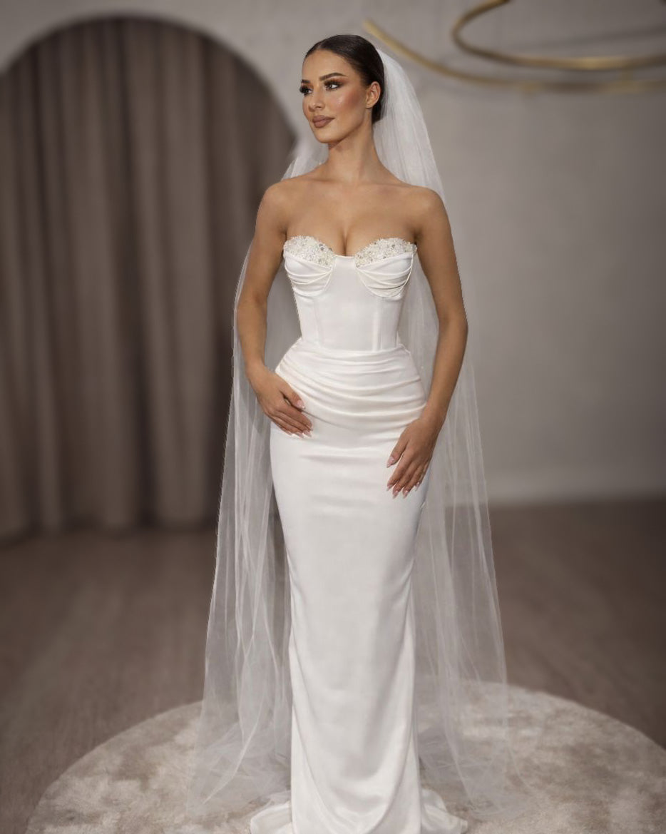 Ivory Crystal Bust Corset Bridal Gown with Sculpted Column Skirt - SimmiUnique