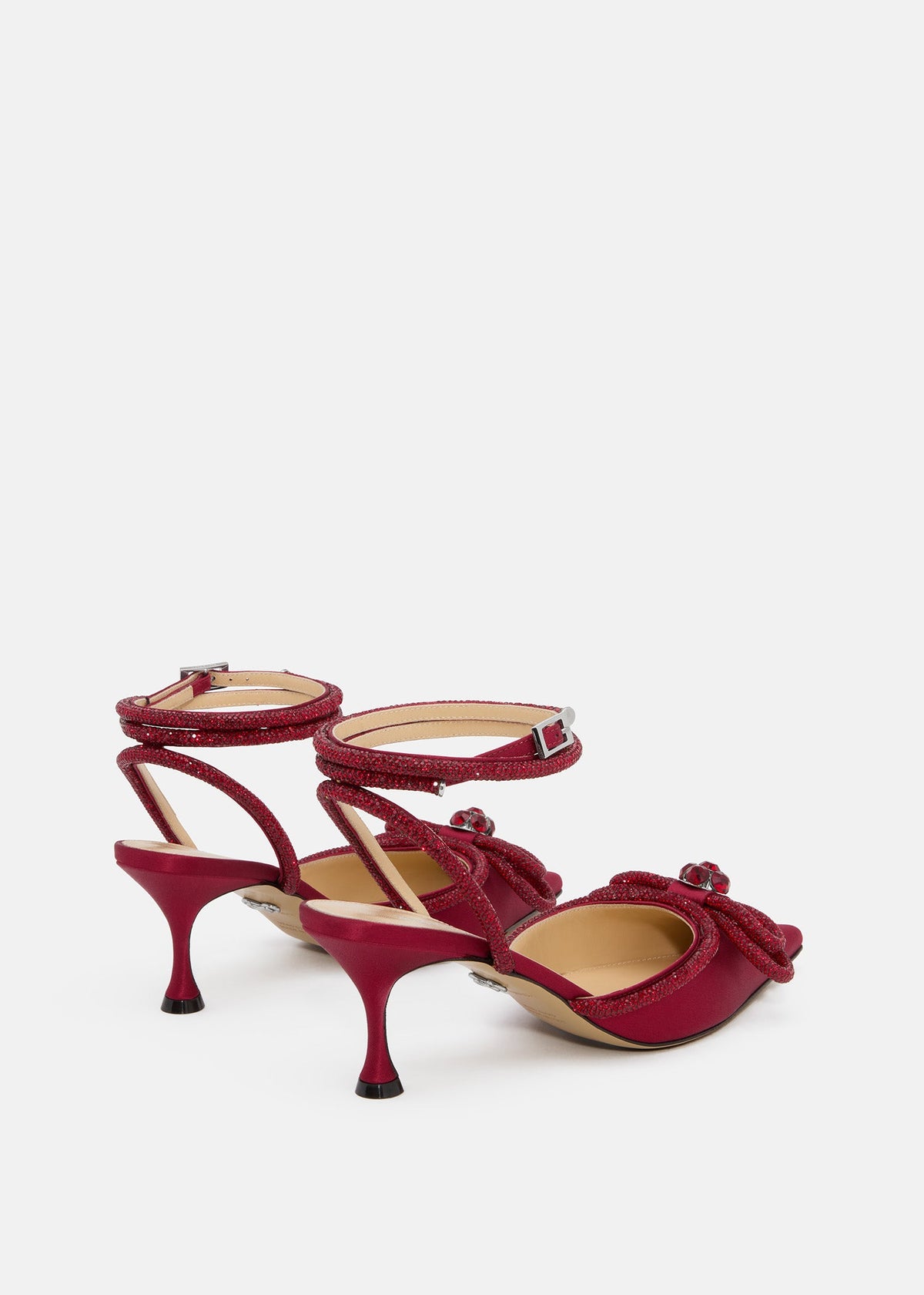 Aveline Bordeaux Double Bow Shoes – heel view showing double bow, crystal, satin, SimmiUnique