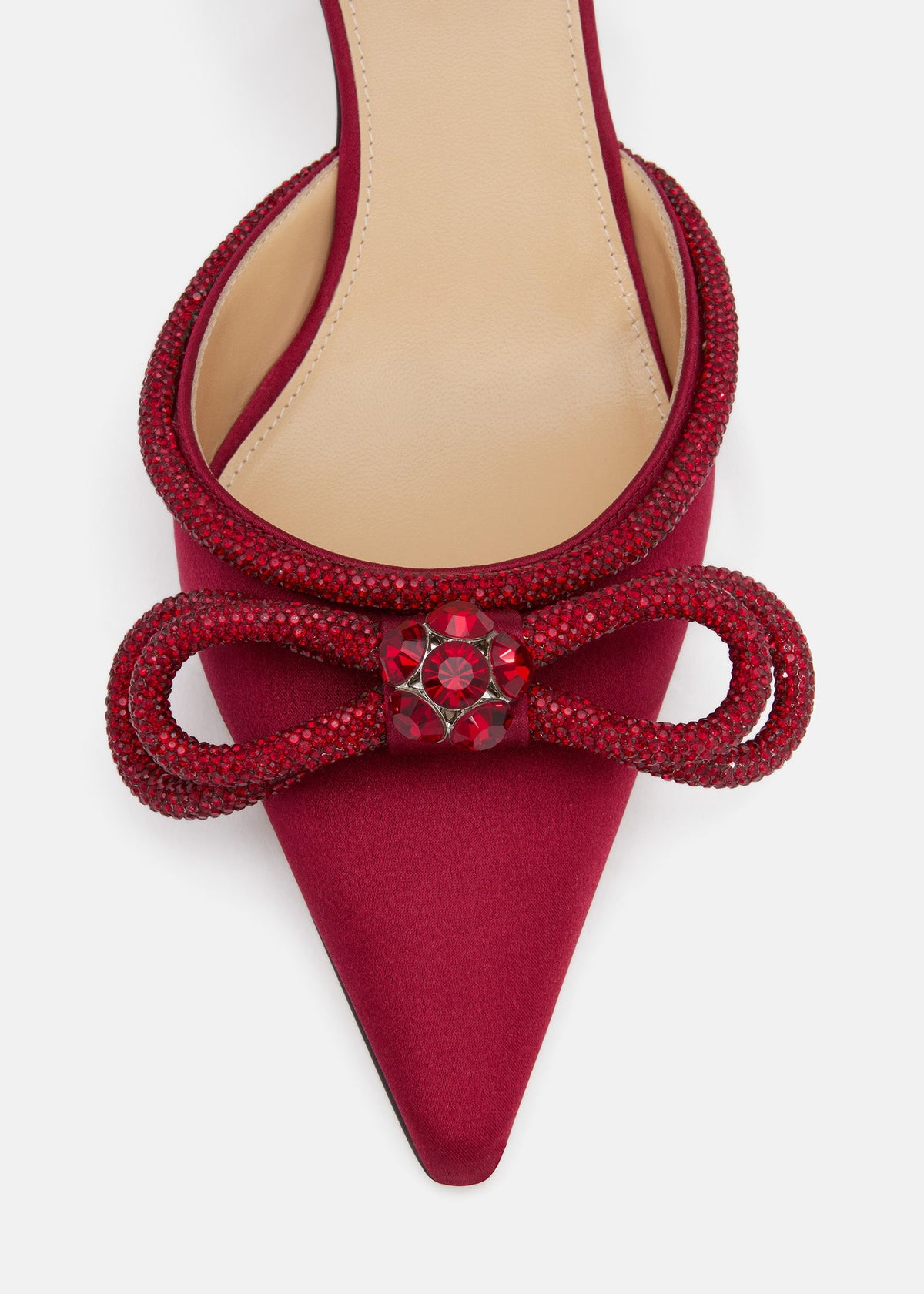 Aveline Bordeaux Double Bow Shoes – rear view showing double bow, crystal, satin, SimmiUnique