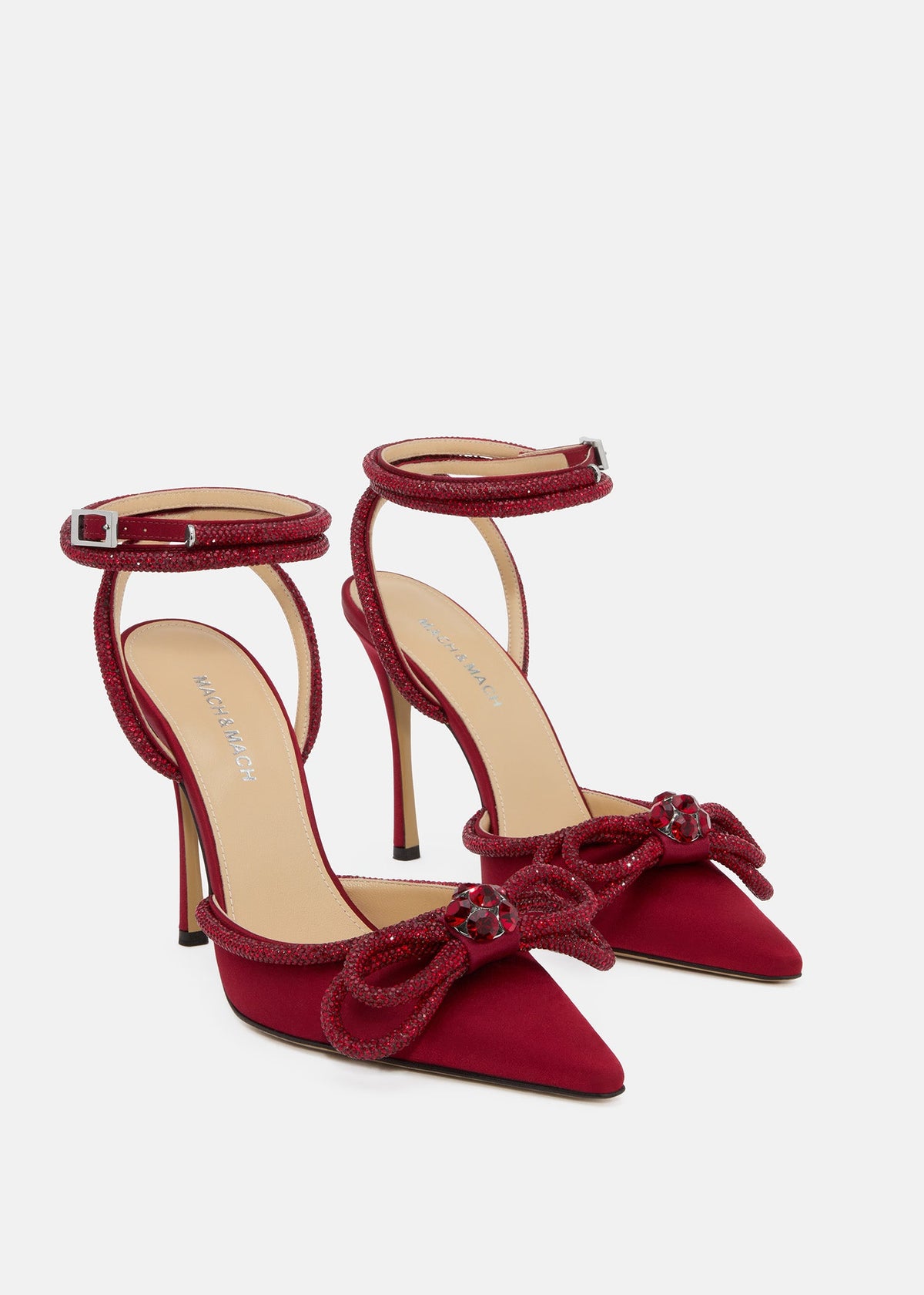 Florence Bordeaux Double Bow Shoes – side profile showing double bow, crystal, satin, SimmiUnique
