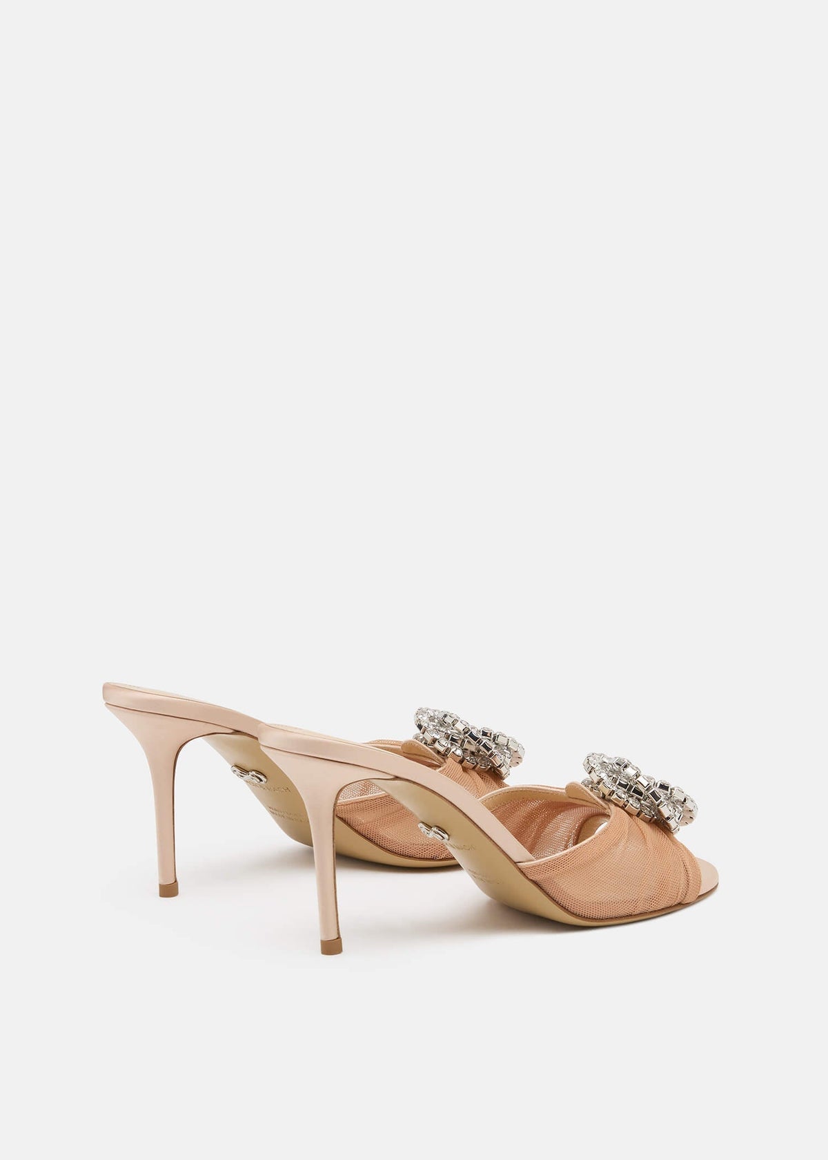 Paloma Nude Crystal Mules – heel view showing crystal, tulle, red, nude, SimmiUnique