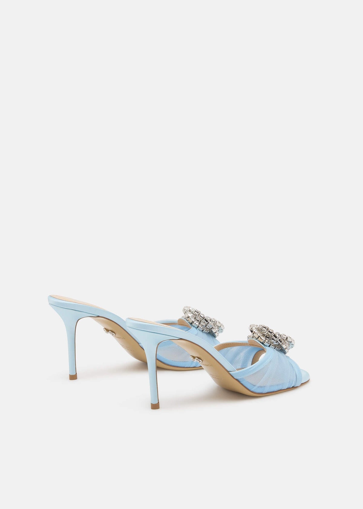 Renata Blue Crystal Mules – heel view showing crystal, tulle, red, nude, SimmiUnique