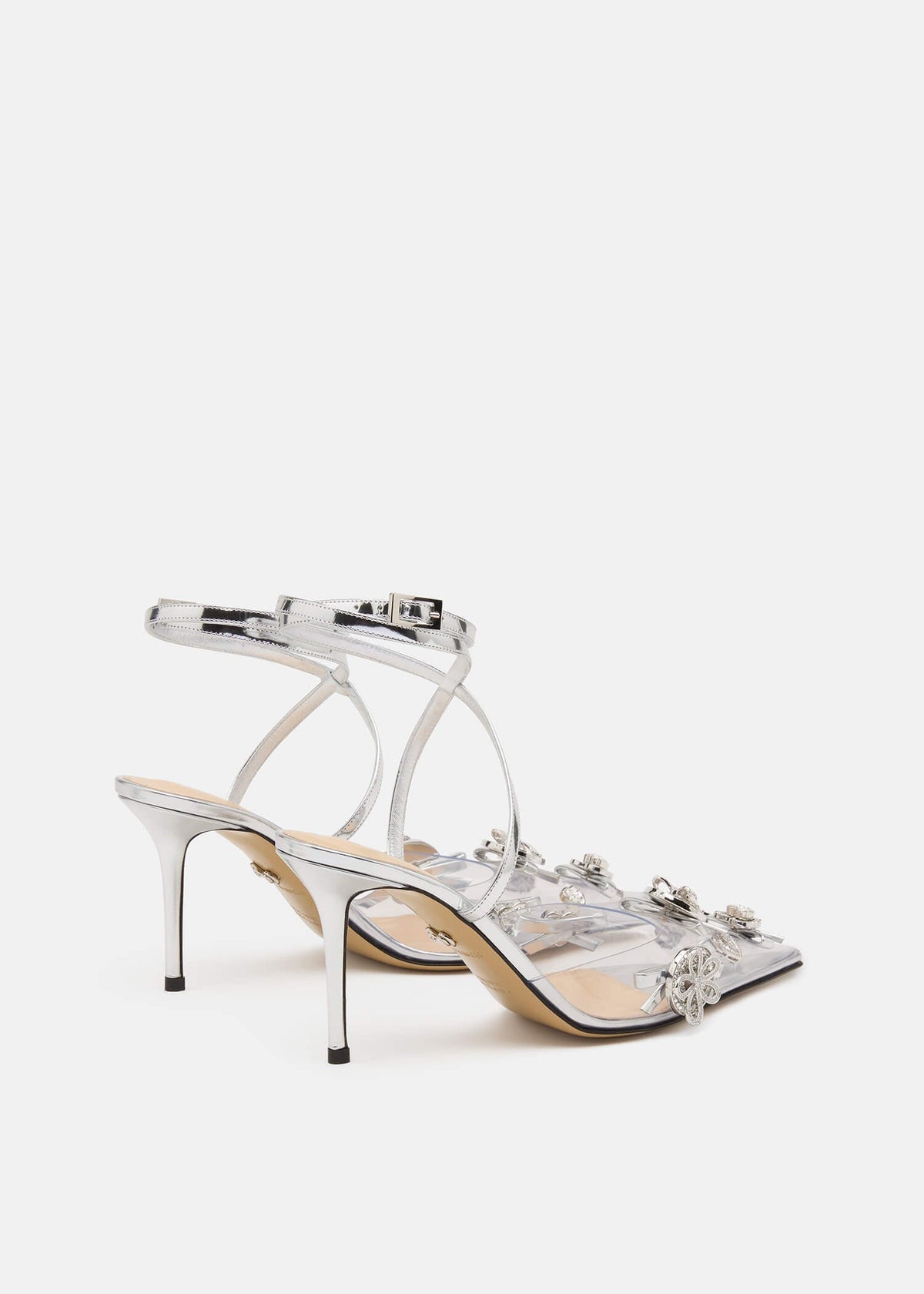 Josephine Silver Crystal Pumps – heel view showing crystal, silver, red, SimmiUnique