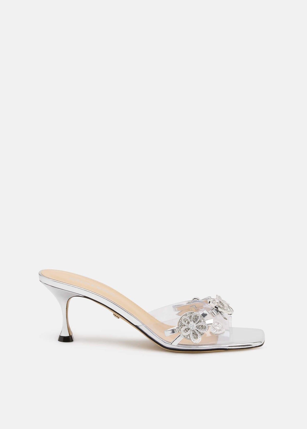 Ilaria Silver Crystal Mules – front three-quarter view showing crystal, silver, SimmiUnique