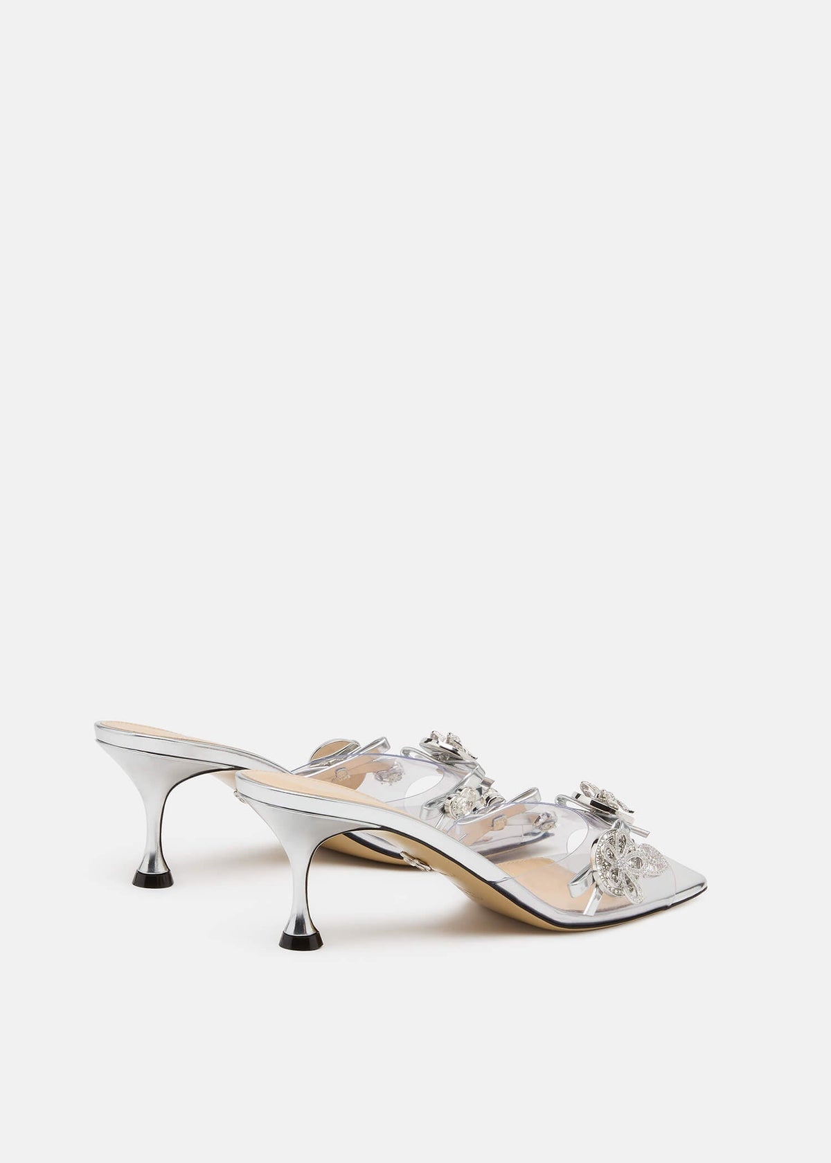 Ilaria Silver Crystal Mules – heel view showing crystal, silver, SimmiUnique