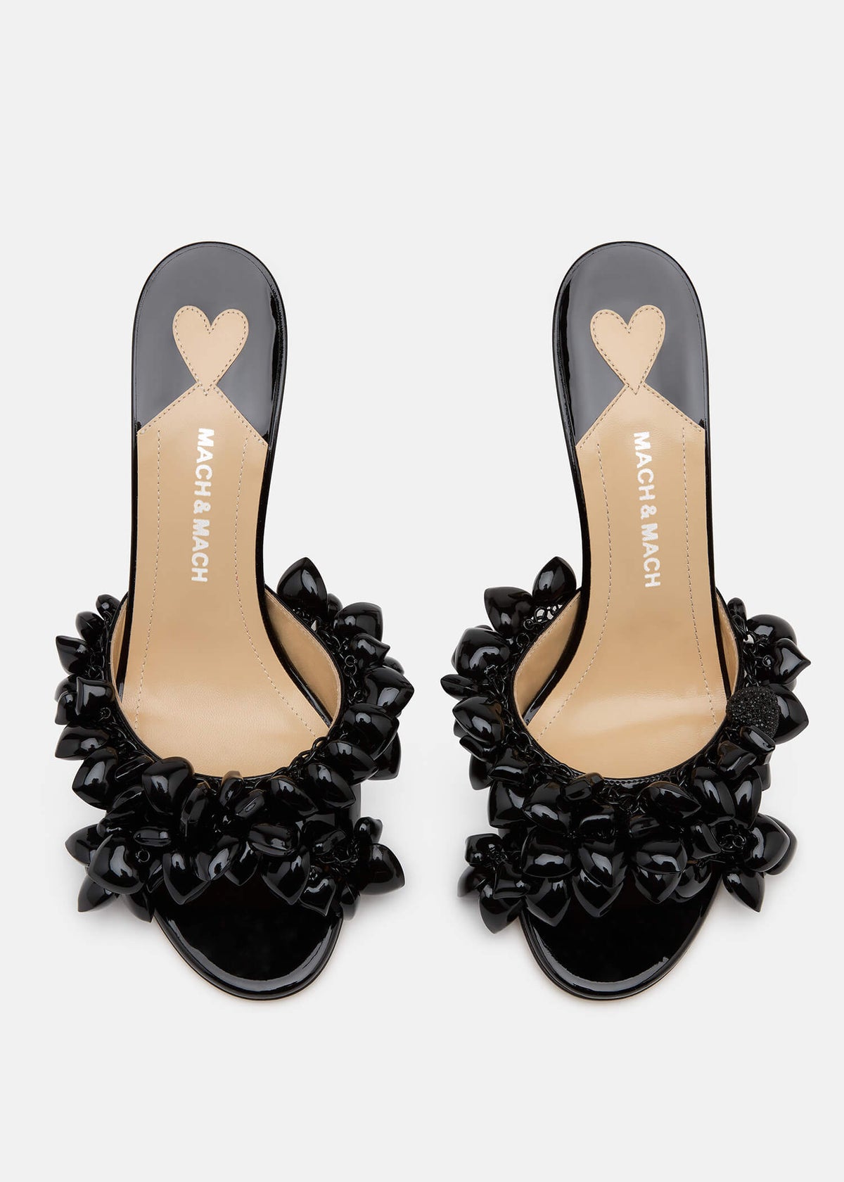 Madeleine Black Patent Leather Mules – crystal detail view showing patent leather, metallic, black, red, SimmiUnique