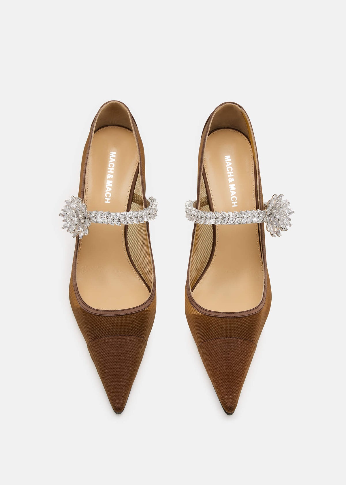 Sylvie Brown Lotus Flower Pumps – crystal detail view showing lotus flower, crystal, mesh, metallic, SimmiUnique